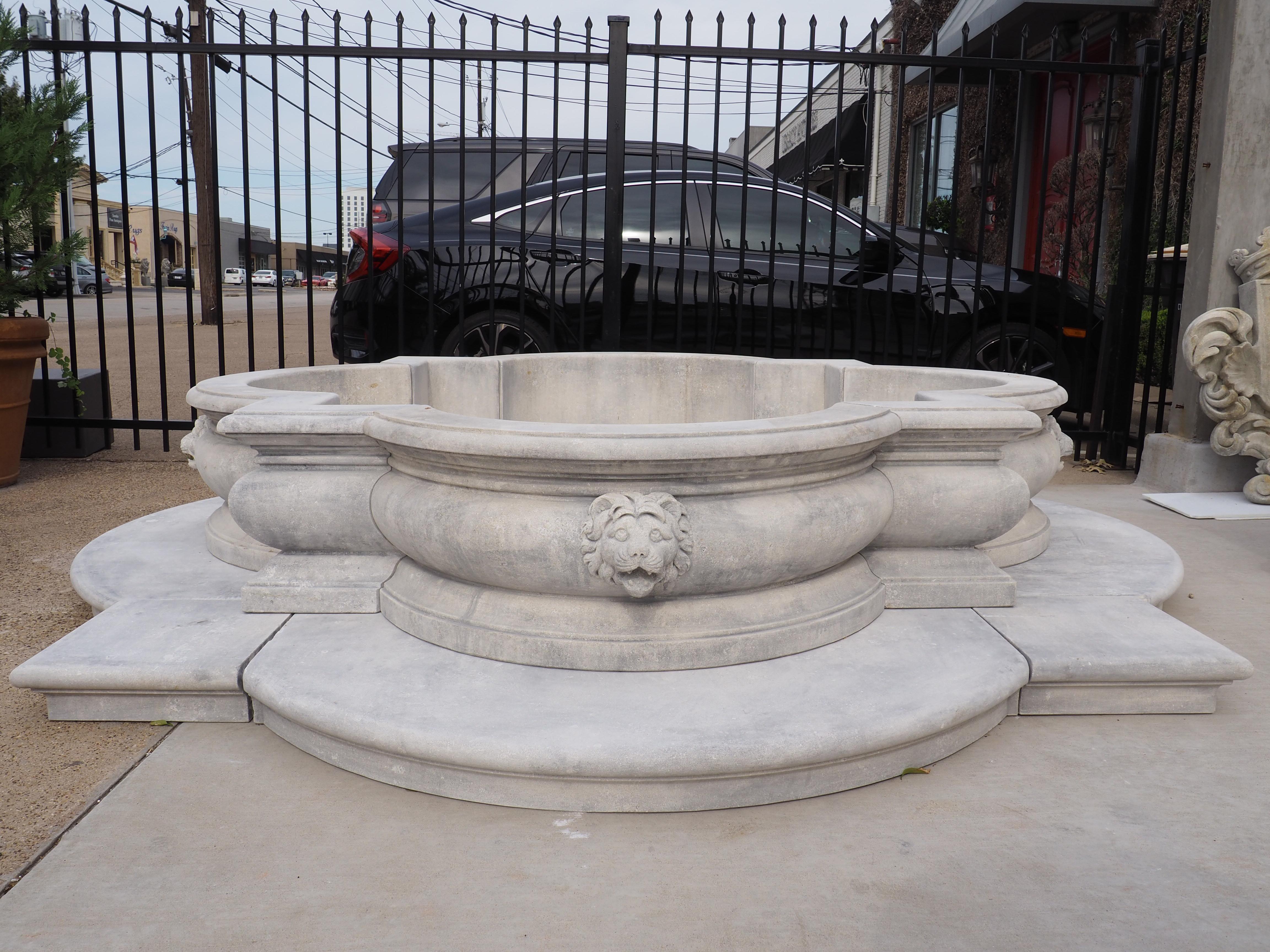 This versatile quadrilobed fountain basin is adorned with several styles of molding and lion mascarons. Hand-carved by an Italian stone mason, the basin wall can be described as a “barbed quatrefoil”, with angular points in between each lobe. The