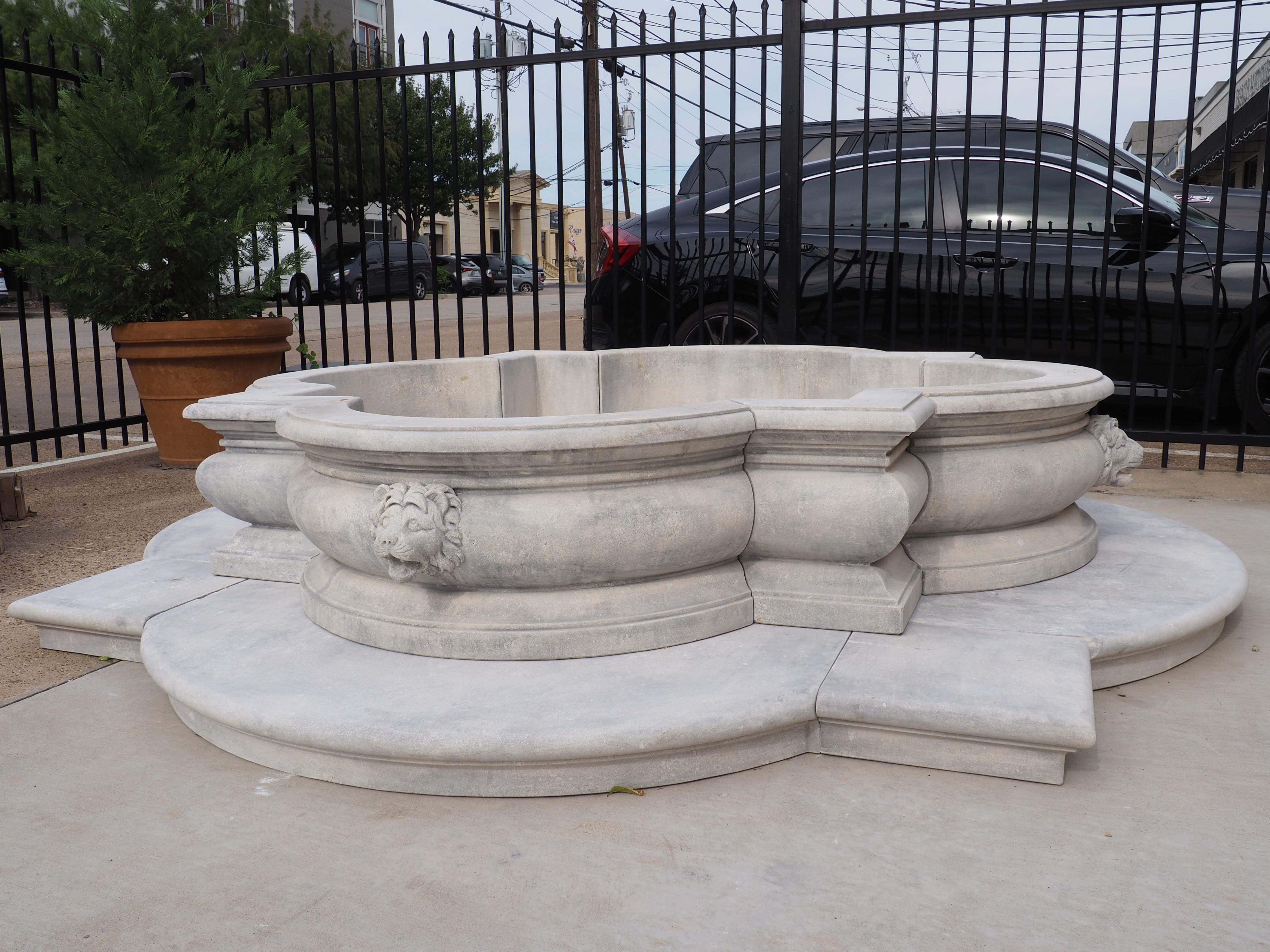 Baroque Italian Quadrilobe Fountain Basin with Lion Mascarons in Carved Limestone