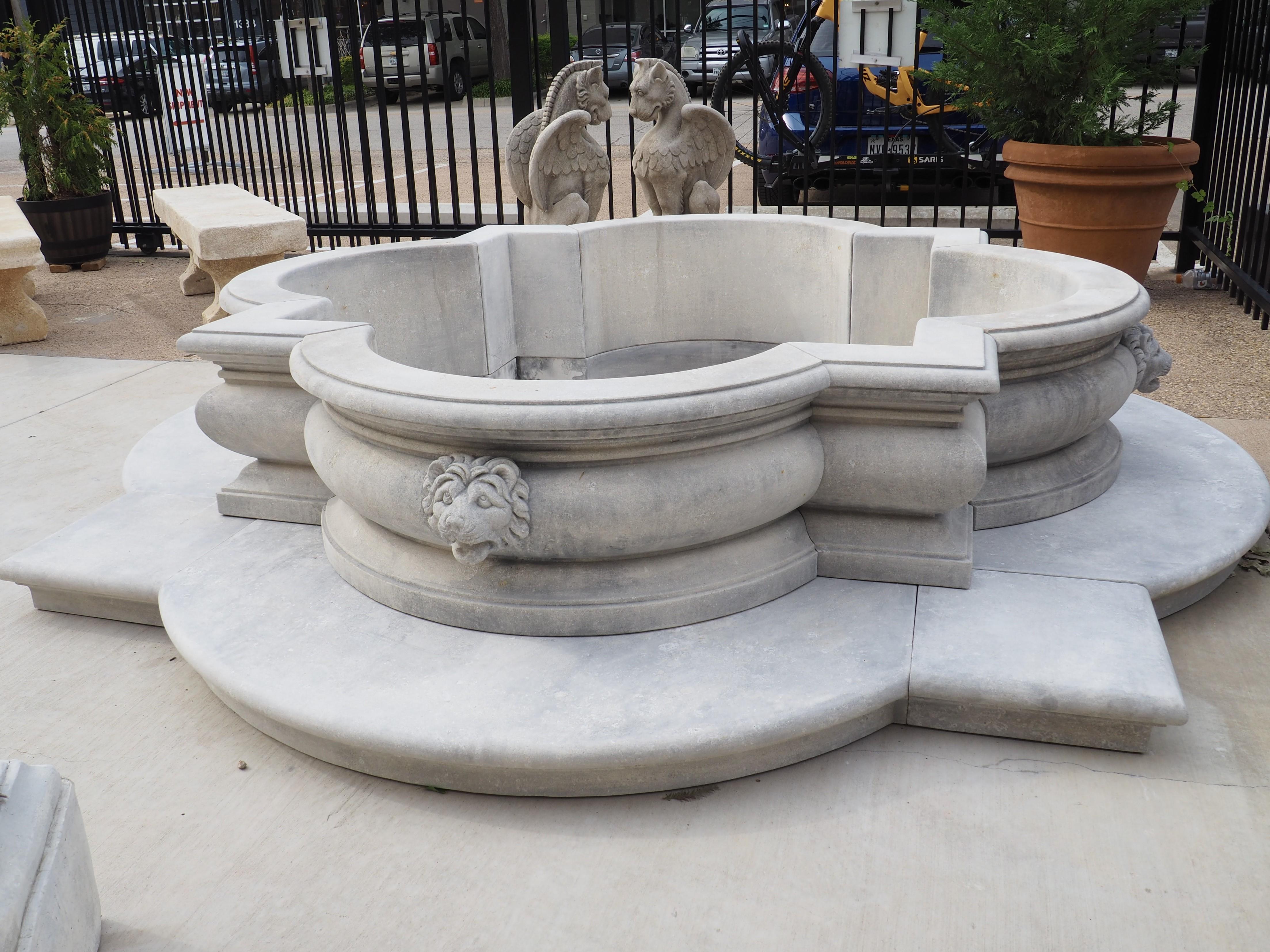 Italian Quadrilobe Fountain Basin with Lion Mascarons in Carved Limestone 1