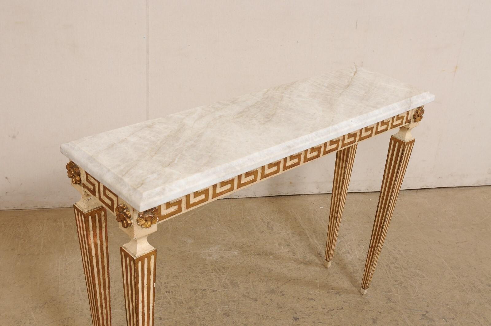 20th Century Italian Quartzite Top Console Table w/Greek Key & Fluted Carved Motif