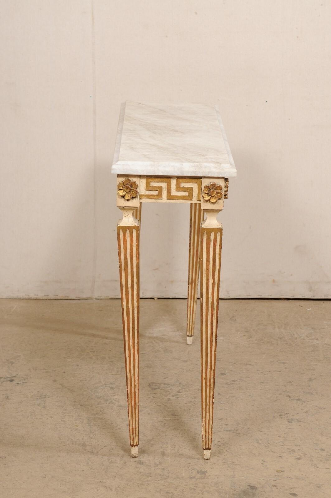 Wood Italian Quartzite Top Console Table w/Greek Key & Fluted Carved Motif