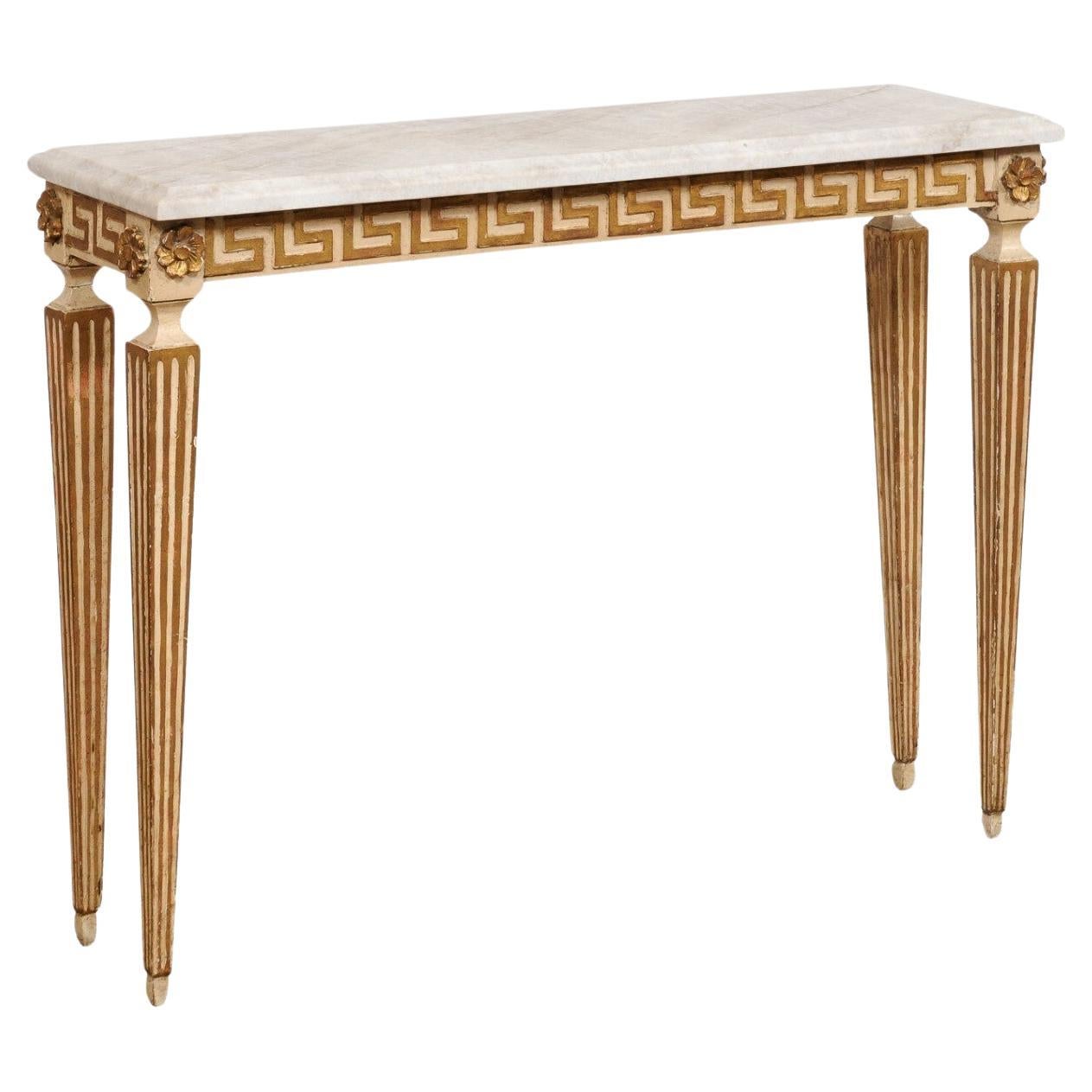 Italian Quartzite Top Console Table w/Greek Key & Fluted Carved Motif