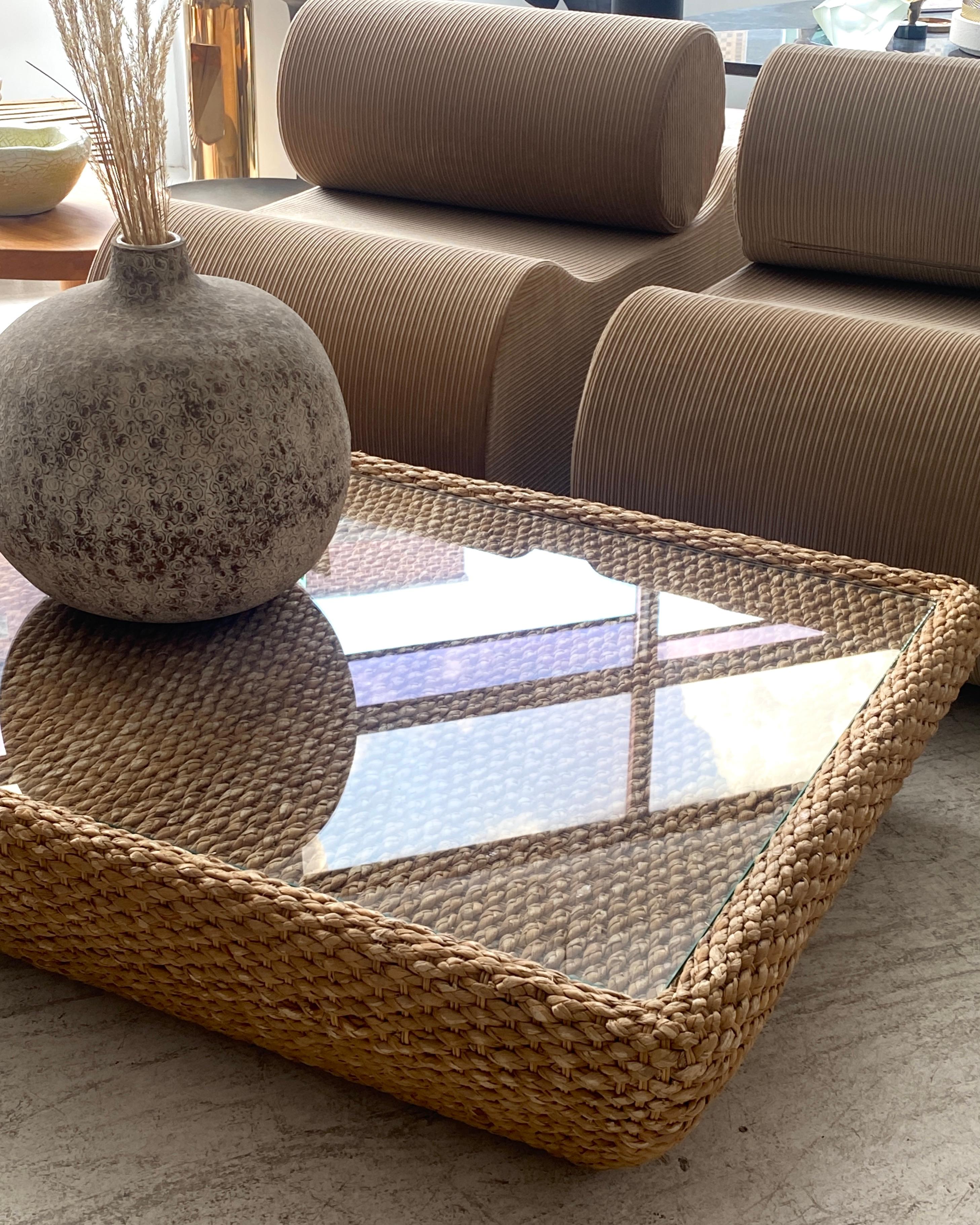 Italian Raffia and Glass Top Coffee Table Attributed to Bocacina c1970 For Sale 10