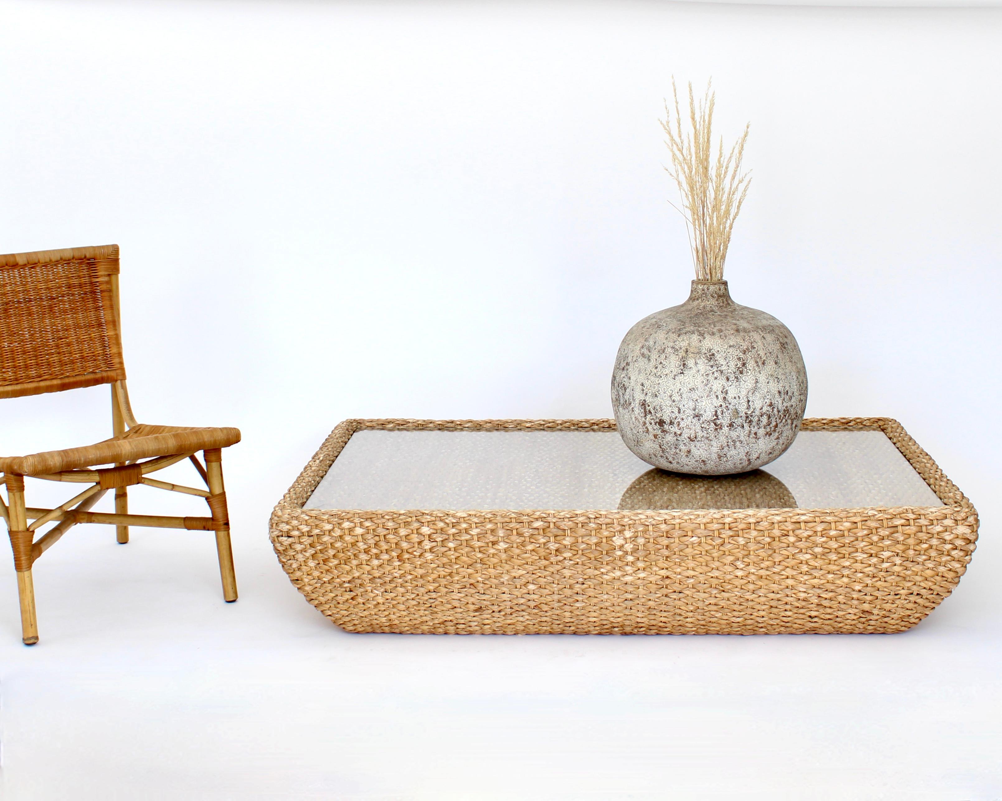 Mid-Century Modern Italian Raffia and Glass Top Coffee Table Attributed to Bocacina c1970 For Sale