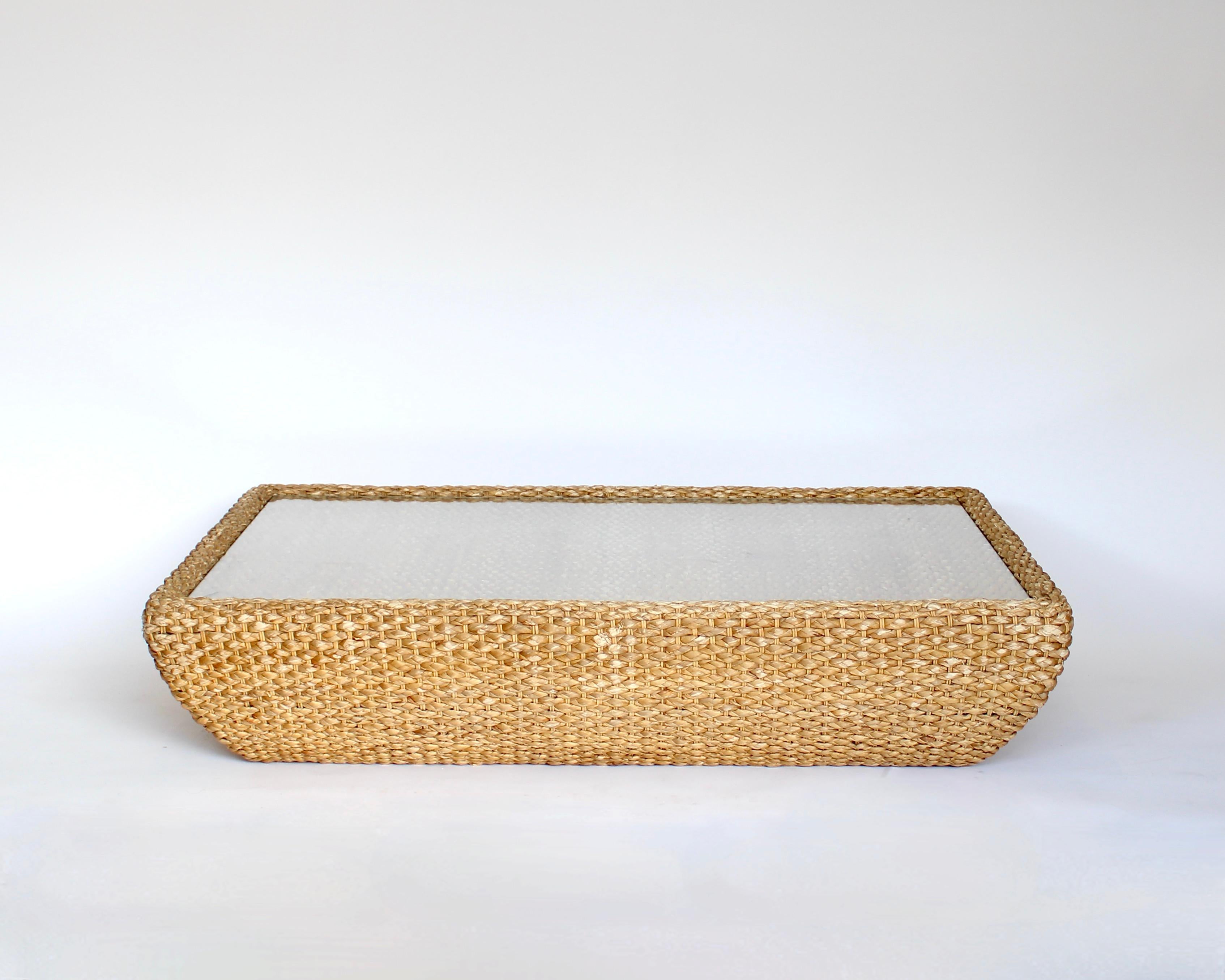 Italian Raffia and Glass Top Coffee Table Attributed to Bocacina c1970 In Good Condition For Sale In Chicago, IL