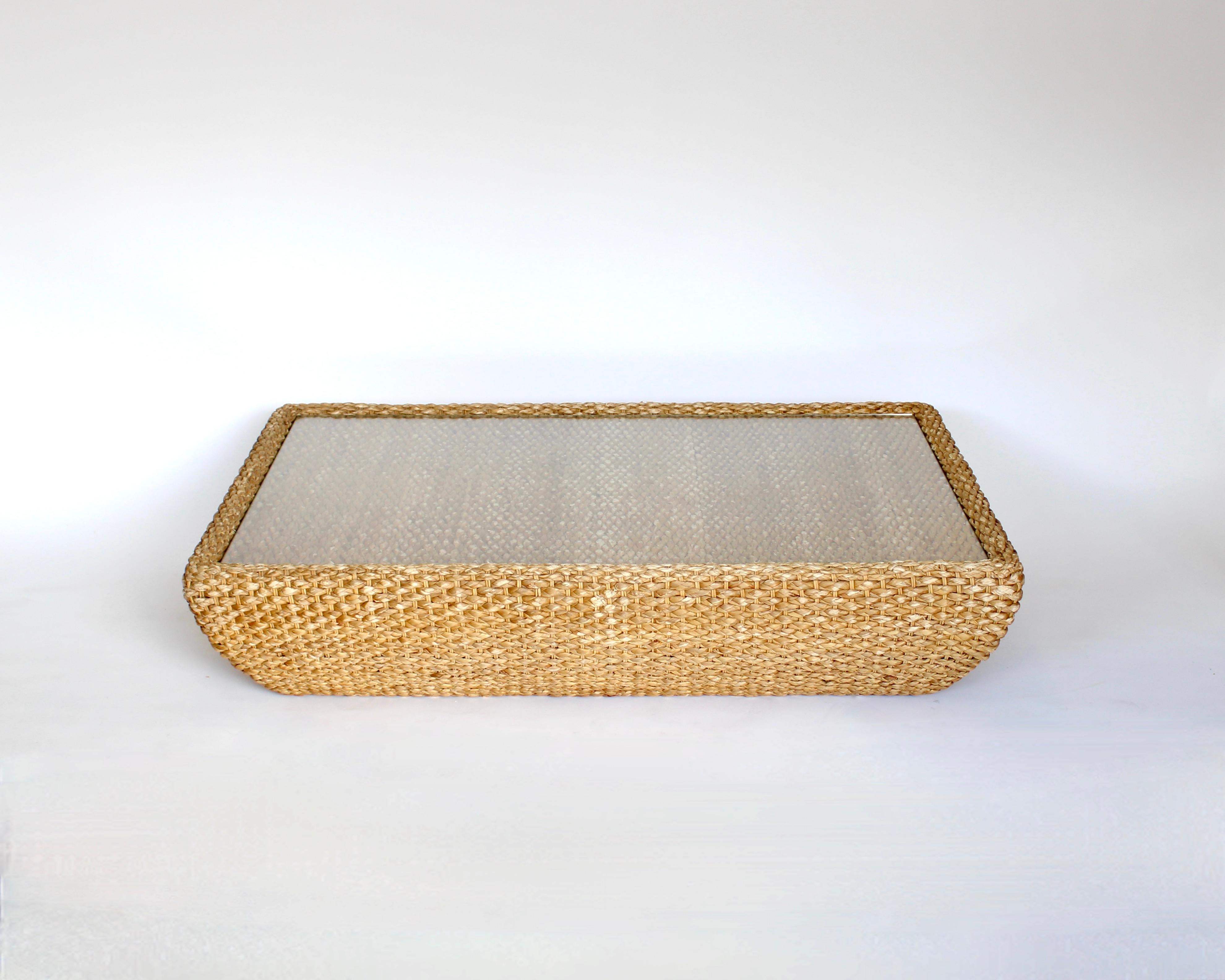 Late 20th Century Italian Raffia and Glass Top Coffee Table Attributed to Bocacina c1970 For Sale