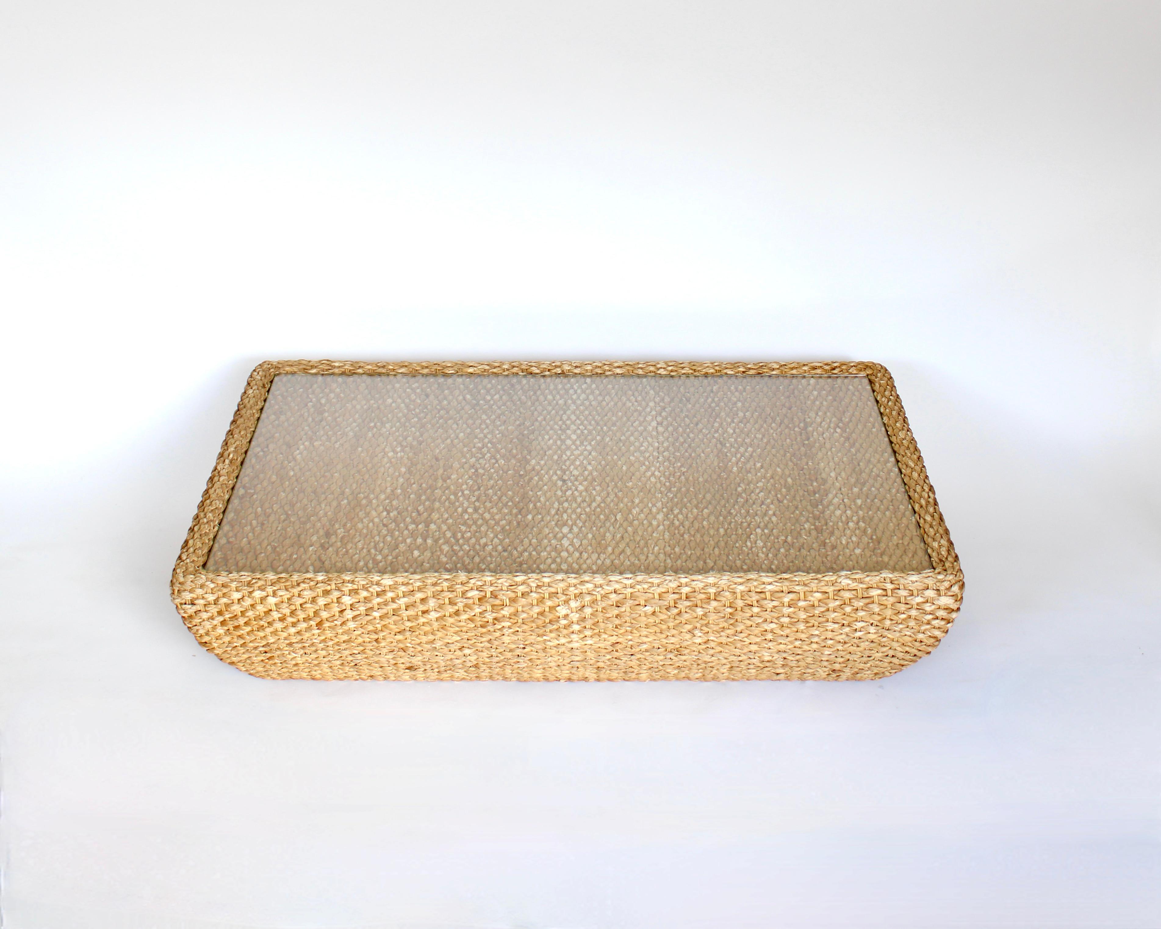 Italian Raffia and Glass Top Coffee Table Attributed to Bocacina c1970 For Sale 1