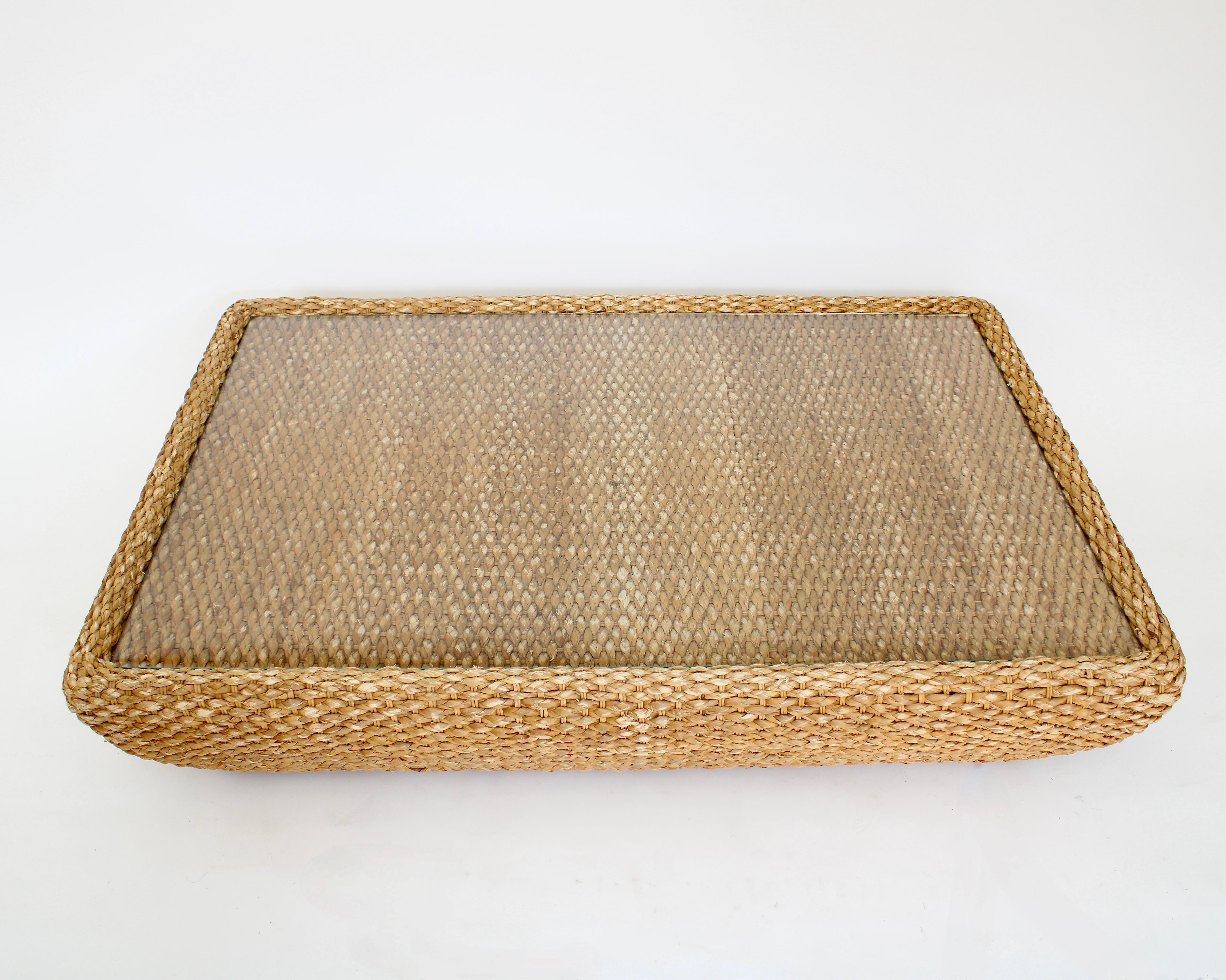 Italian Raffia and Glass Top Coffee Table Attributed to Bocacina c1970 For Sale 2
