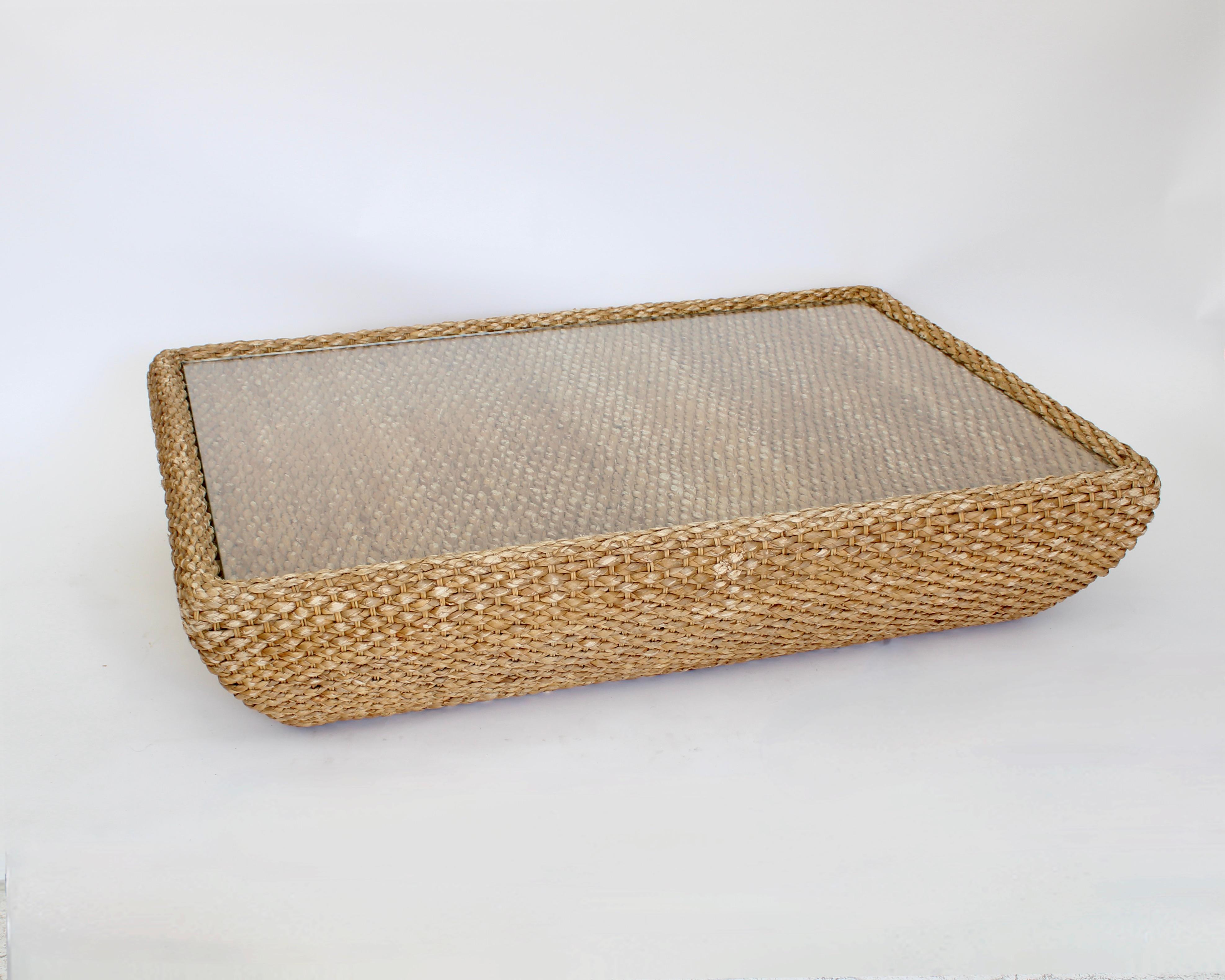 Italian Raffia and Glass Top Coffee Table Attributed to Bocacina c1970 For Sale 3