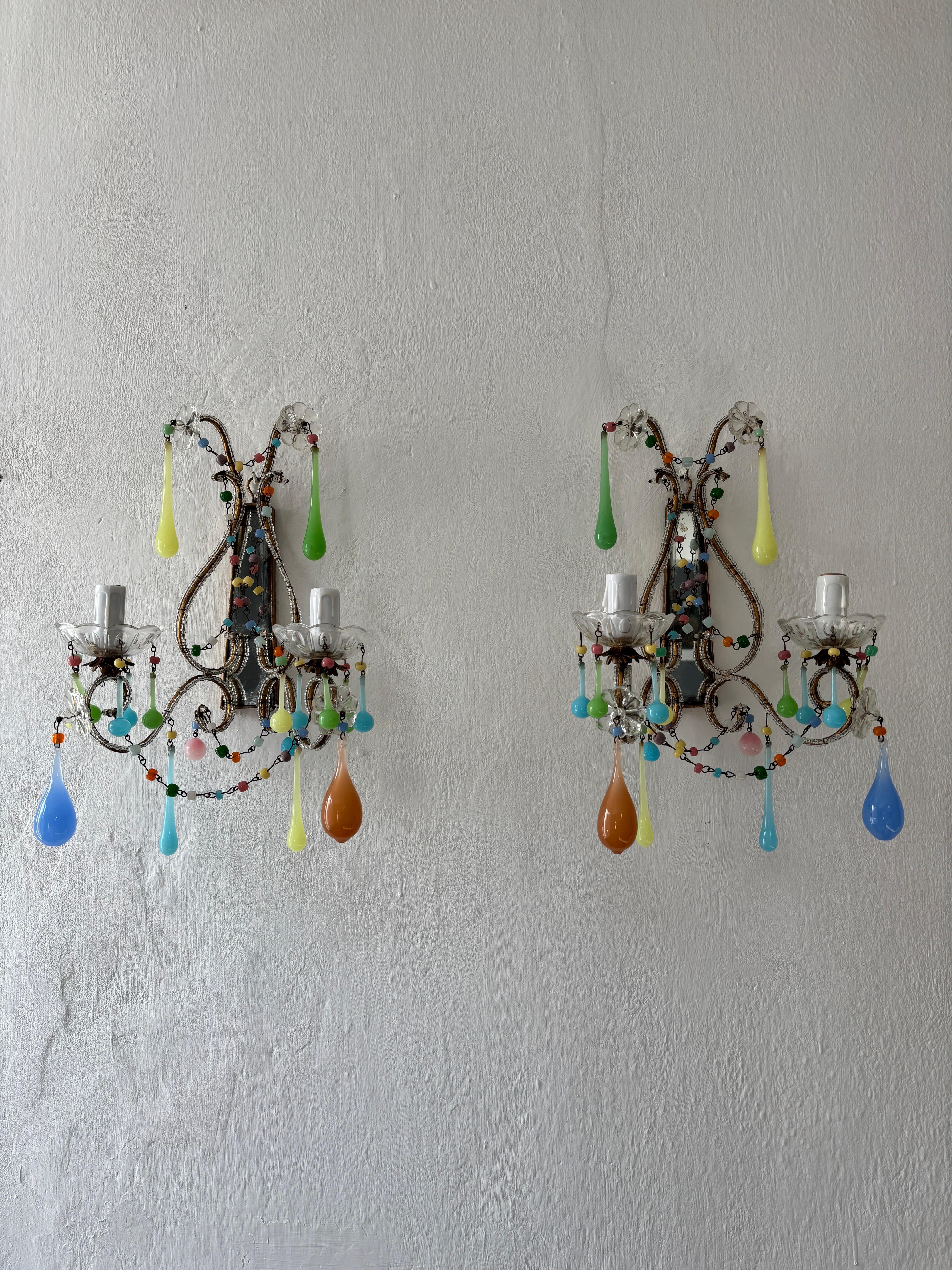 Italian Rainbow Pastel Multicolored Confetti Opaline Sconces Beaded Mirror c1920 For Sale 5