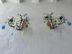 Italian Rainbow Pastel Multicolored Confetti Opaline Sconces Beaded Mirror c1920