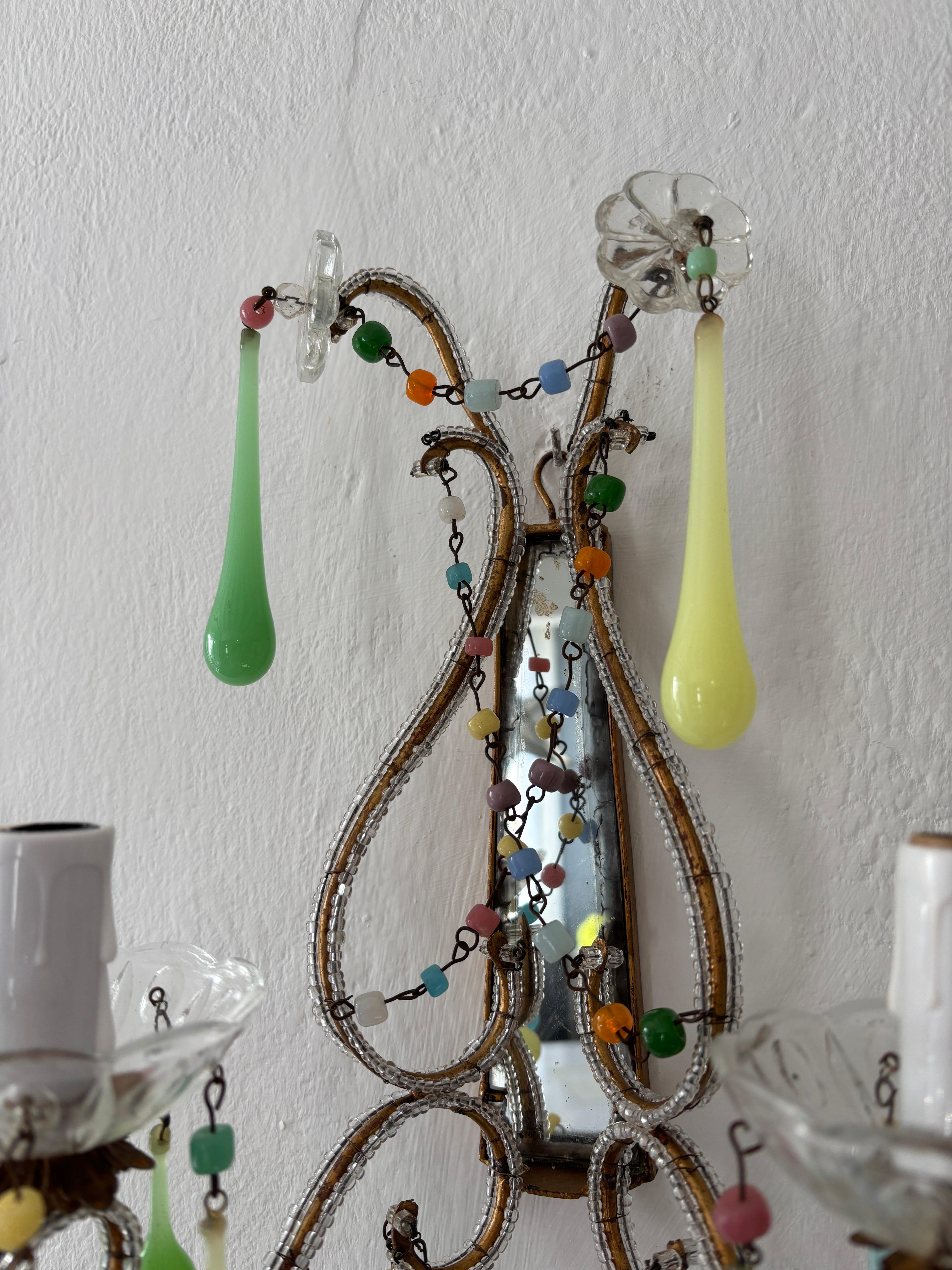 Early 20th Century Italian Rainbow Pastel Multicolored Confetti Opaline Sconces Beaded Mirror c1920 For Sale