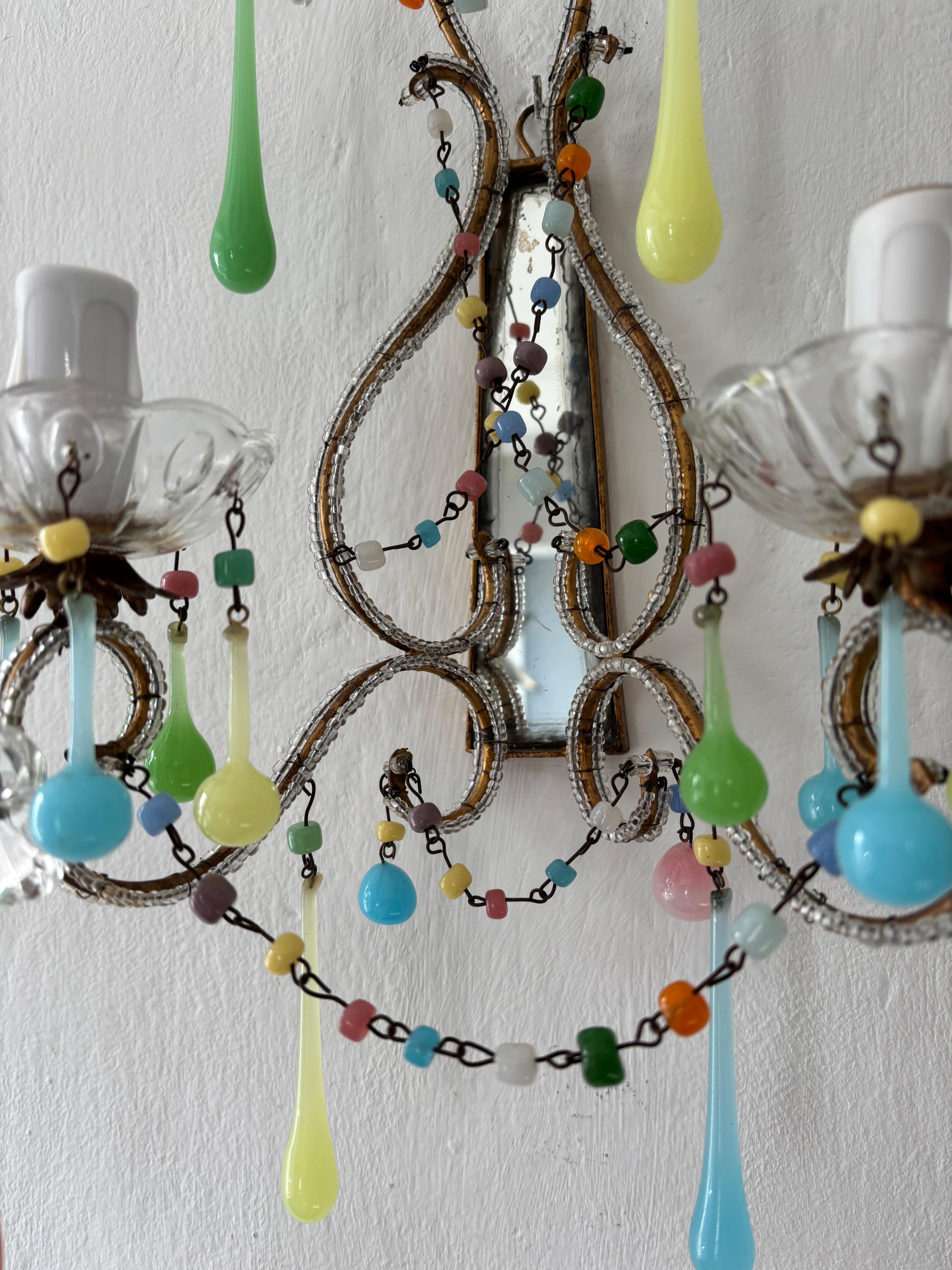 Murano Glass Italian Rainbow Pastel Multicolored Confetti Opaline Sconces Beaded Mirror c1920 For Sale