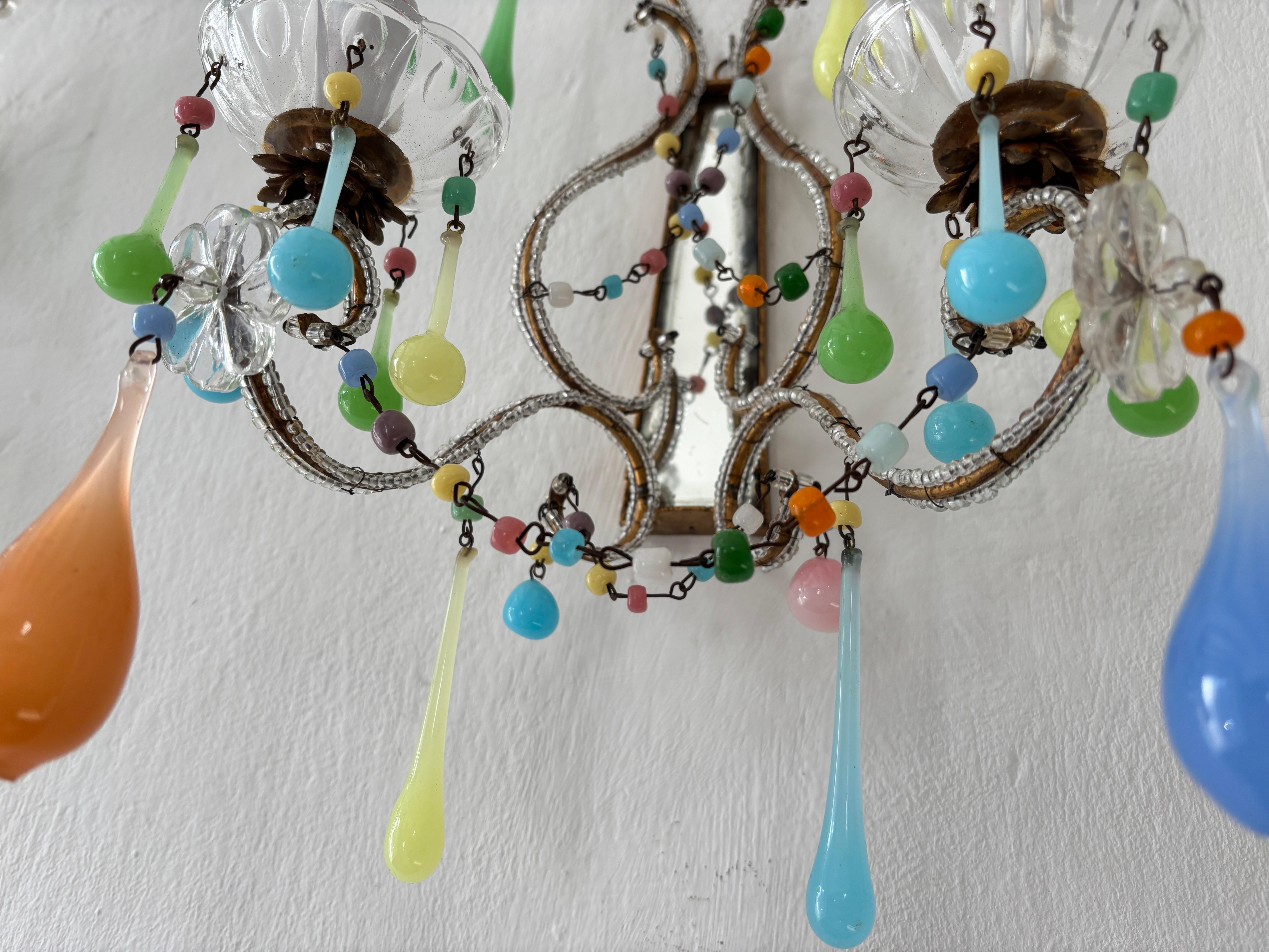 Italian Rainbow Pastel Multicolored Confetti Opaline Sconces Beaded Mirror c1920 For Sale 1