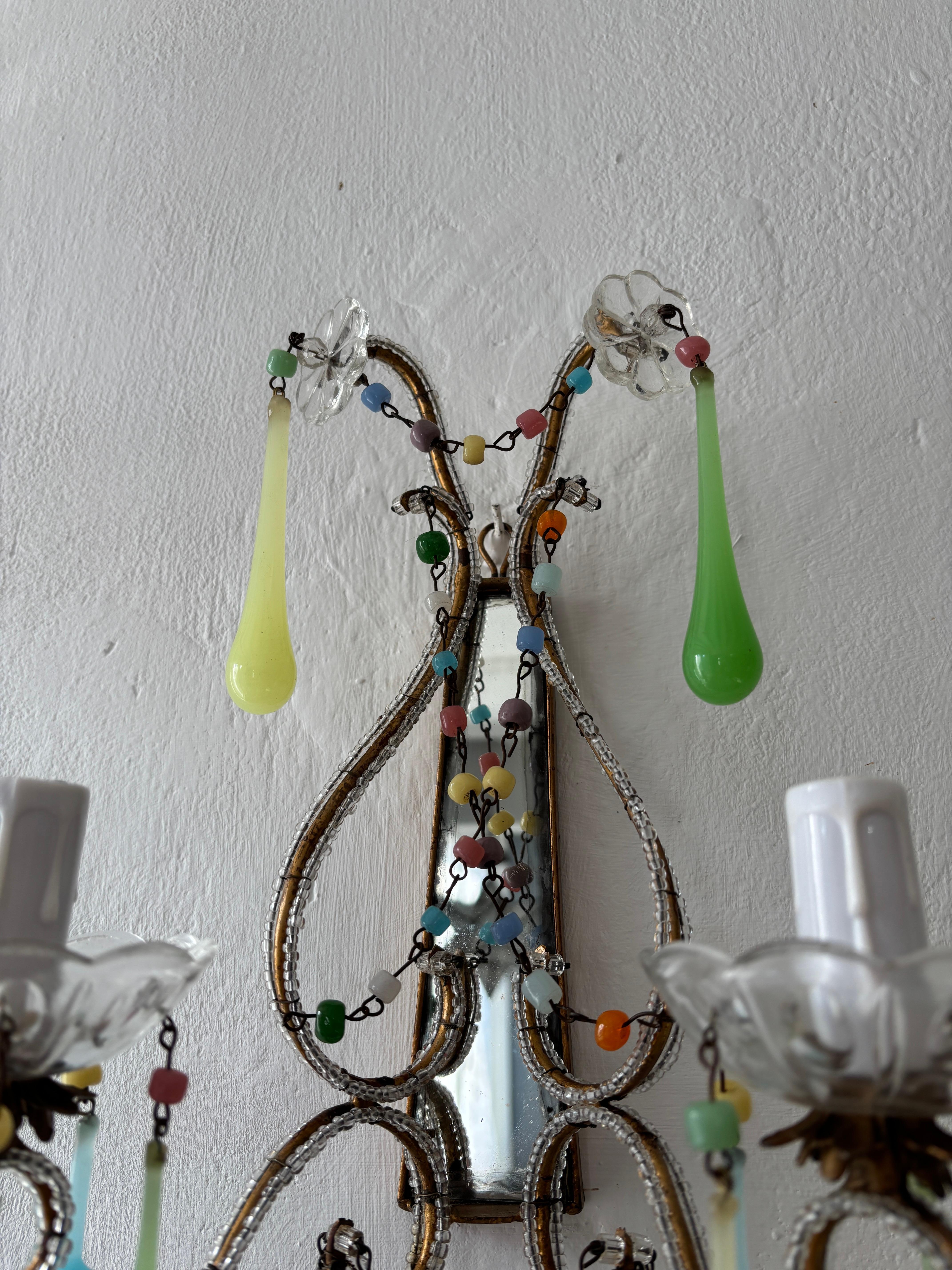 Italian Rainbow Pastel Multicolored Confetti Opaline Sconces Beaded Mirror c1920 For Sale 2