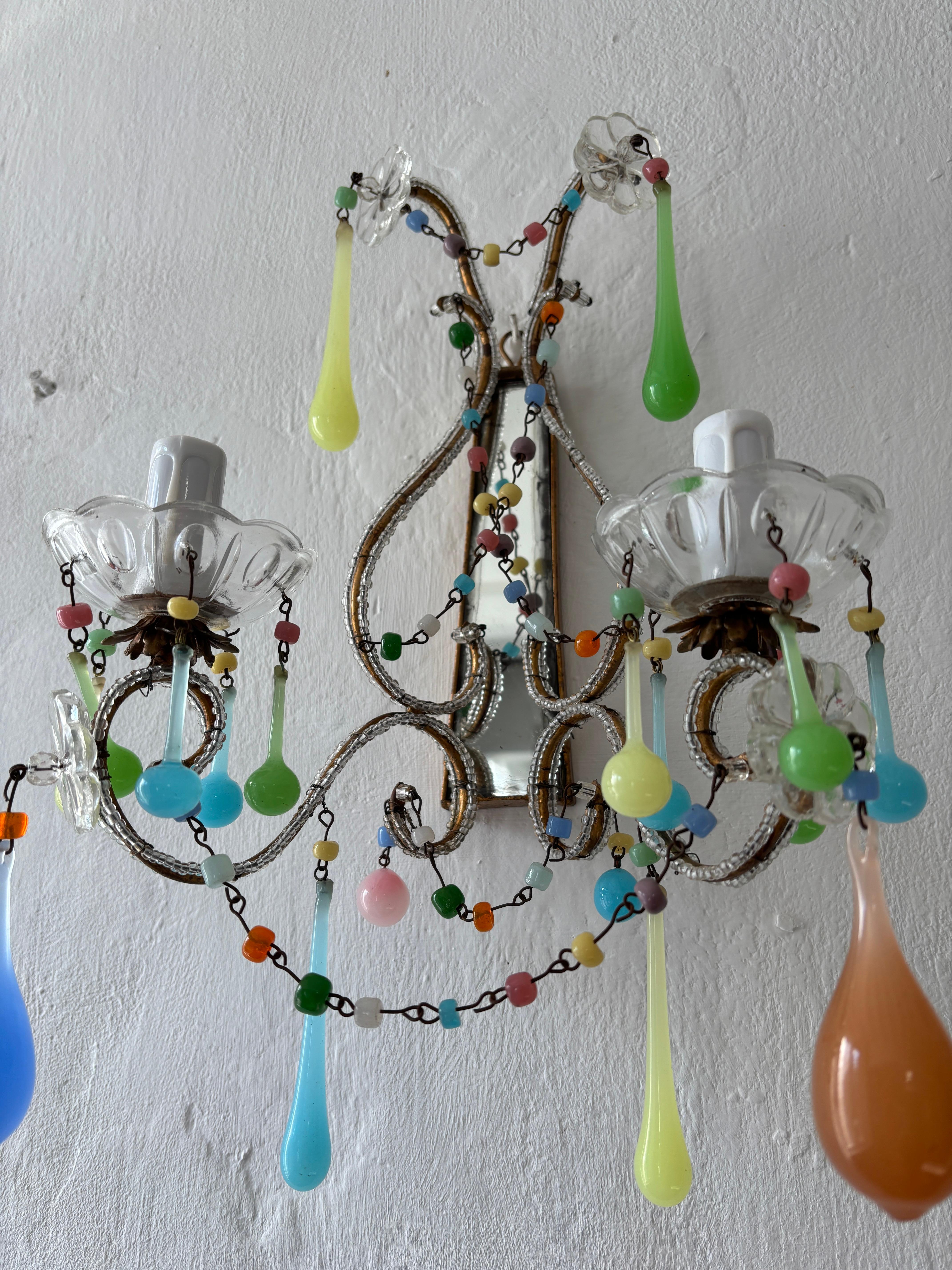 Italian Rainbow Pastel Multicolored Confetti Opaline Sconces Beaded Mirror c1920 For Sale 3