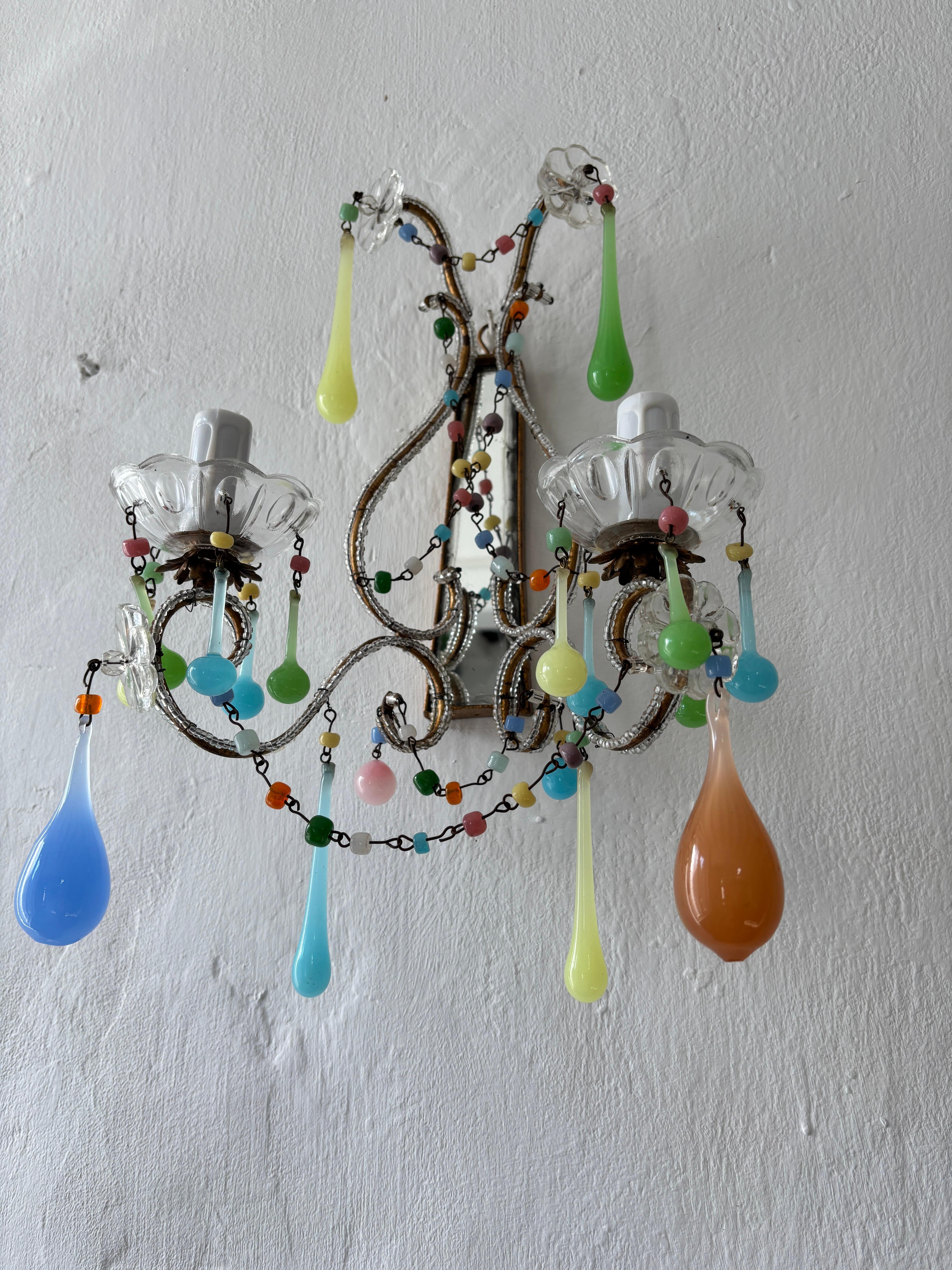 Italian Rainbow Pastel Multicolored Confetti Opaline Sconces Beaded Mirror c1920 For Sale 4