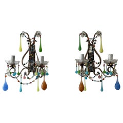 Italian Rainbow Pastel Multicolored Confetti Opaline Sconces Beaded Mirror c1920