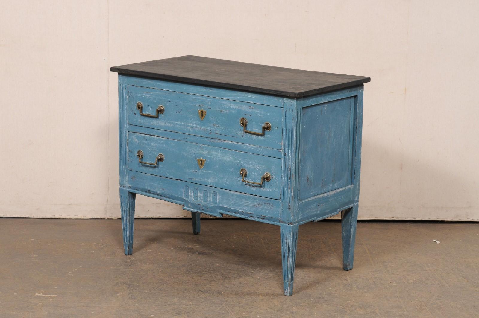 Italian Raised Two-Drawer Raised Chest in Custom Blue Finish w/Black Top For Sale 6