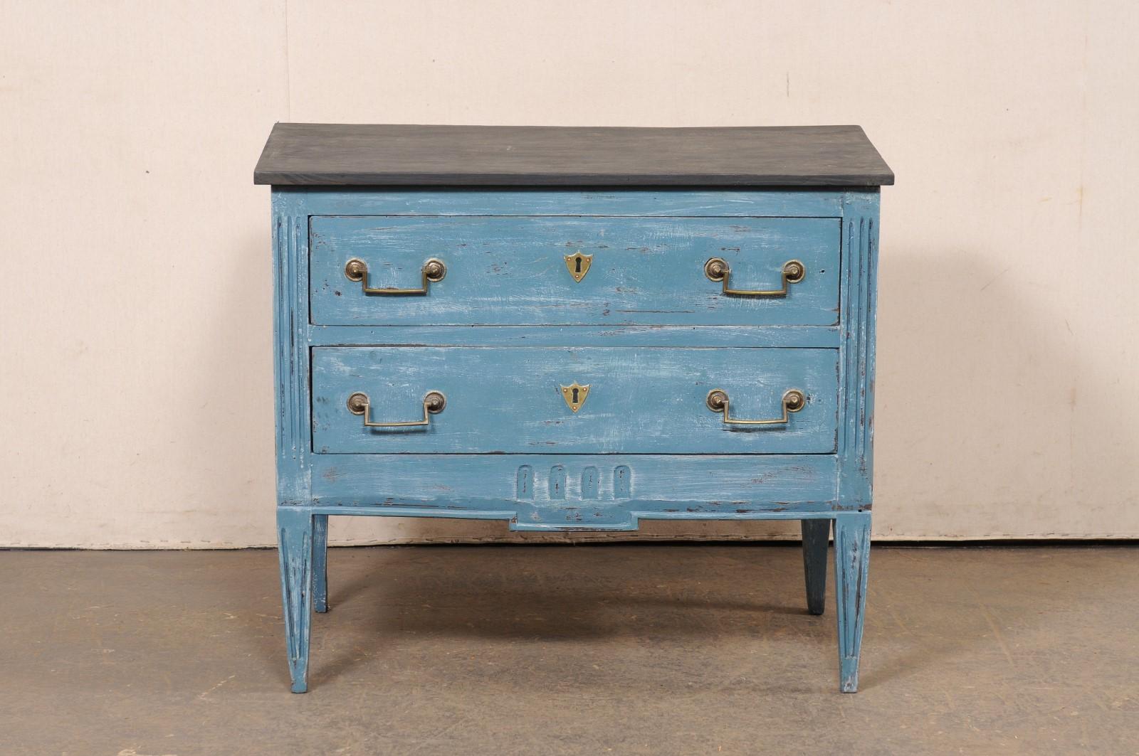 Italian Raised Two-Drawer Raised Chest in Custom Blue Finish w/Black Top For Sale 7