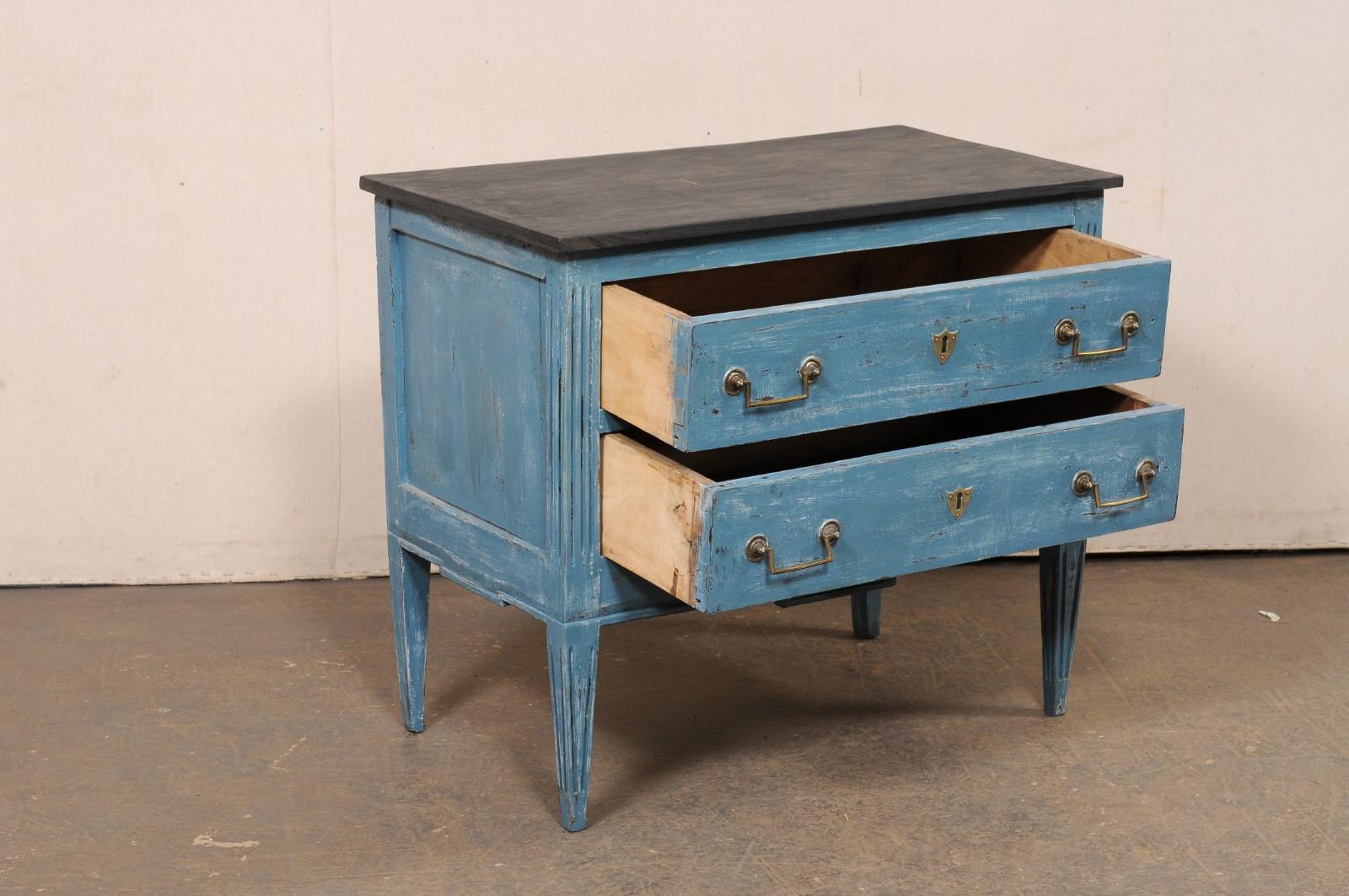 Italian Raised Two-Drawer Raised Chest in Custom Blue Finish w/Black Top In Good Condition For Sale In Atlanta, GA