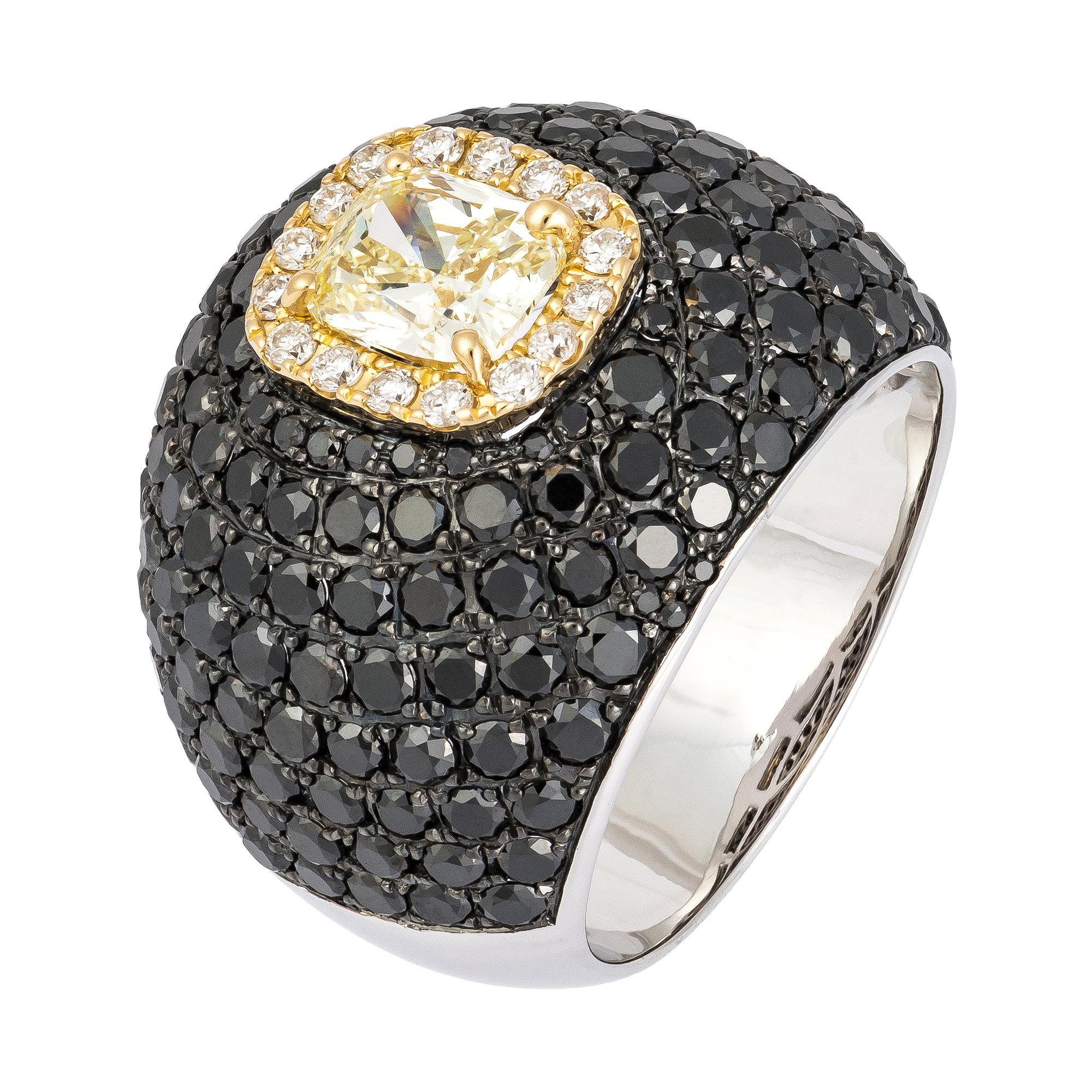 Italian Rare Black Yellow Diamond White Gold 18K Ring for Her