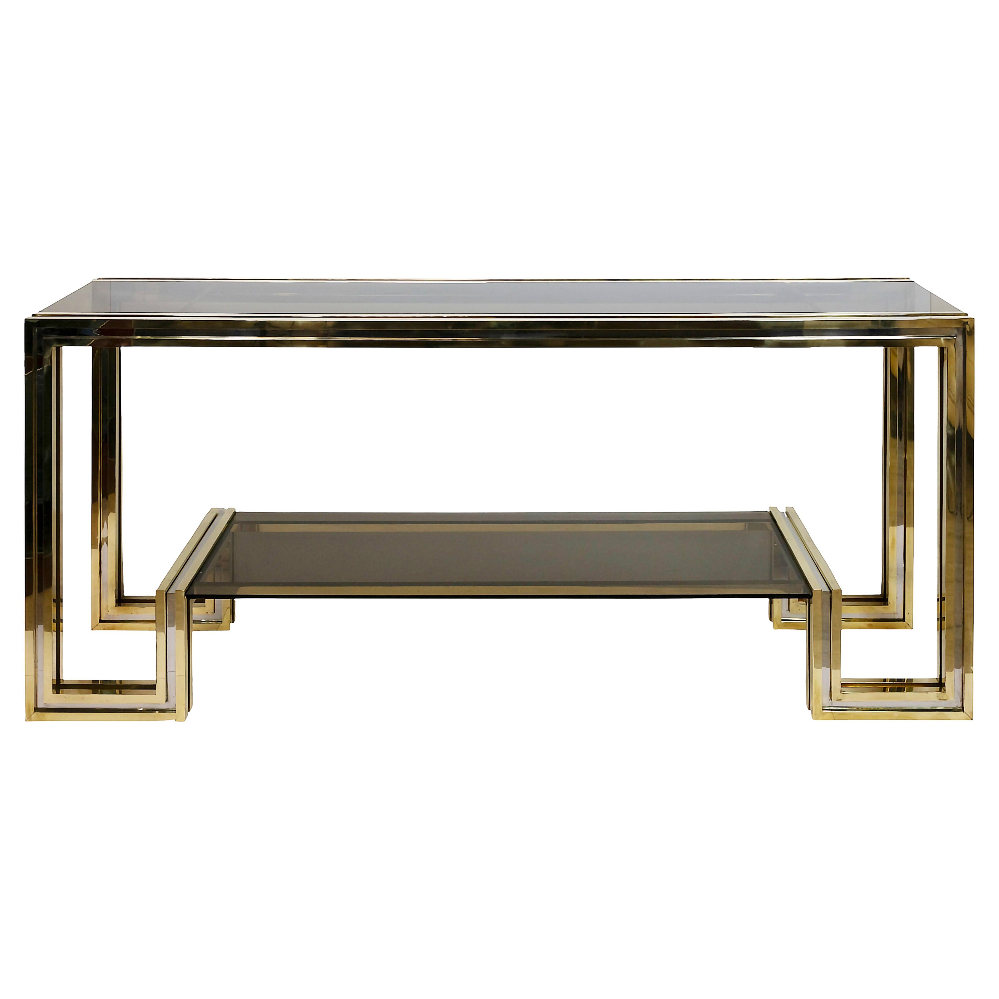 Italian Rare Mid-Century Brass, Chrome and Glass Console Table by Romeo Rega