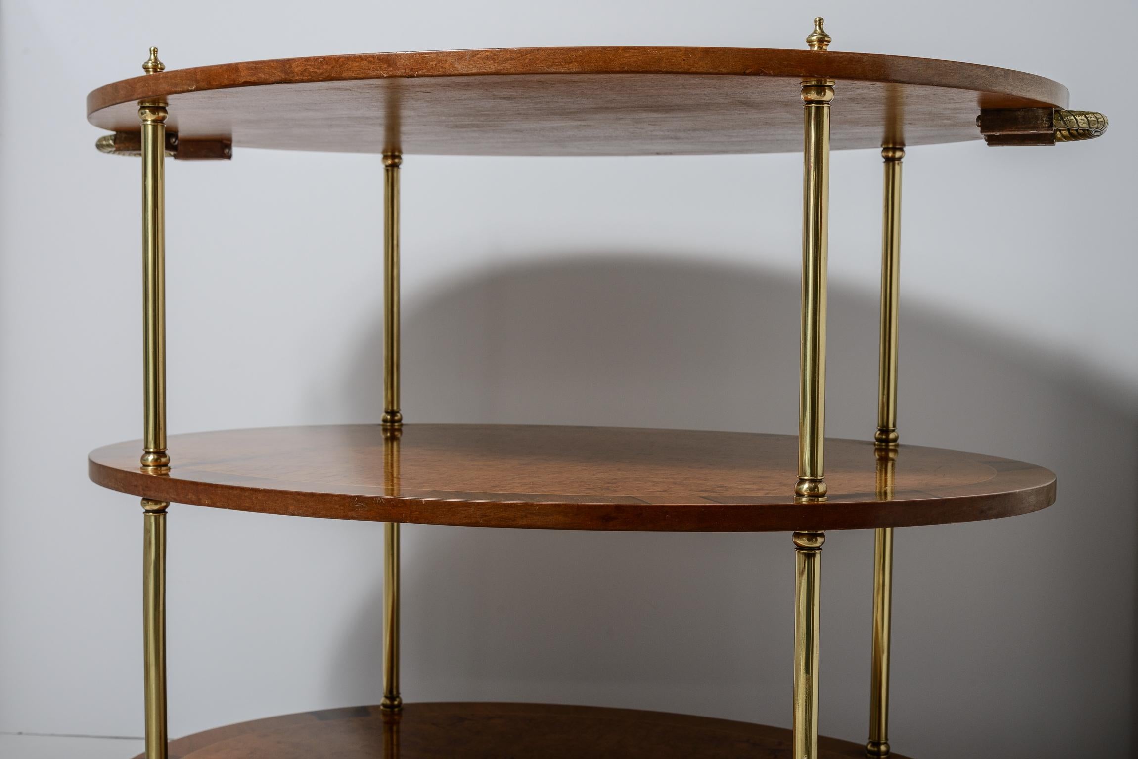 Italian Rare  Three Tier Oval End Table on Casters in Burl Wood & Brass For Sale 5