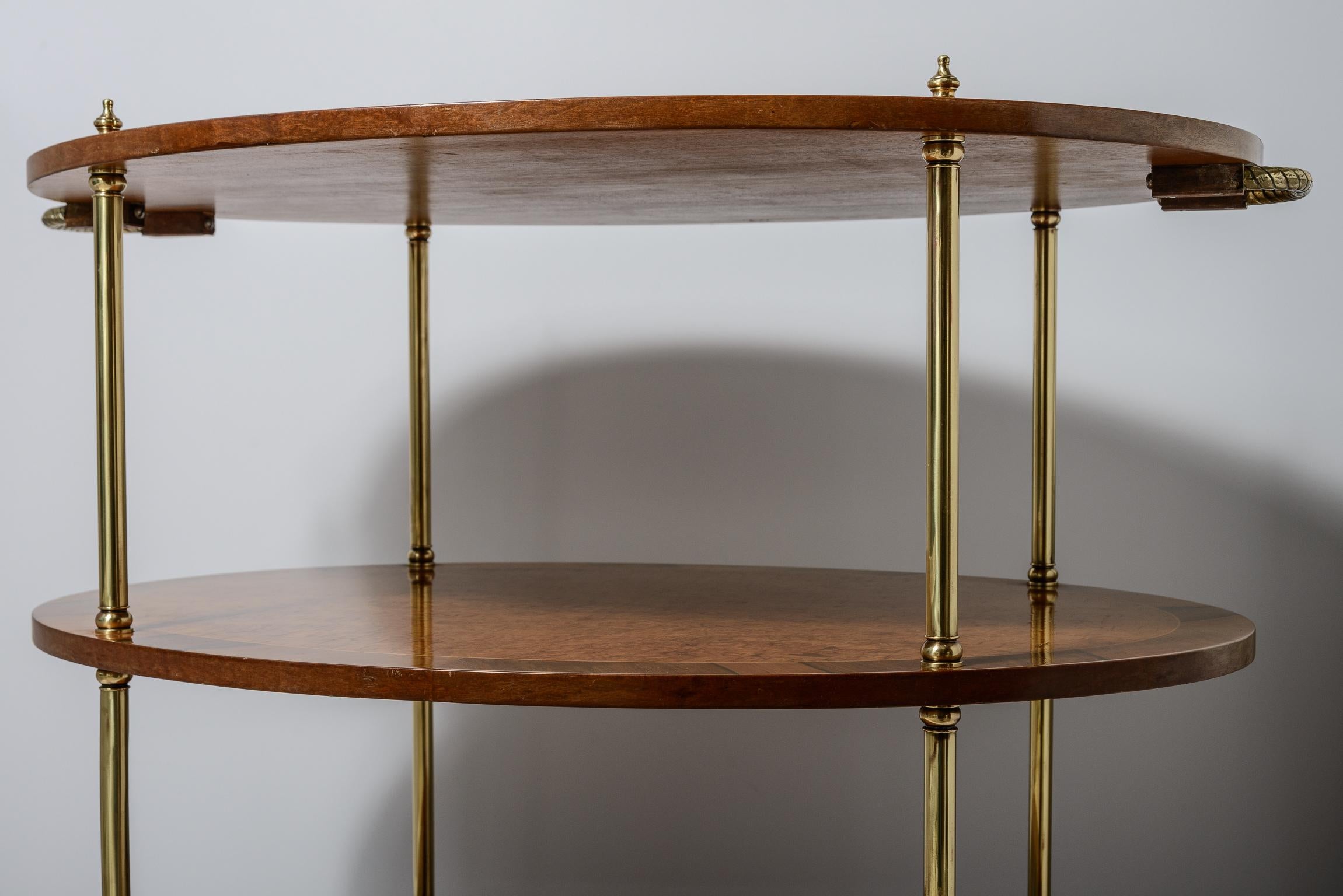 Italian Rare  Three Tier Oval End Table on Casters in Burl Wood & Brass For Sale 6