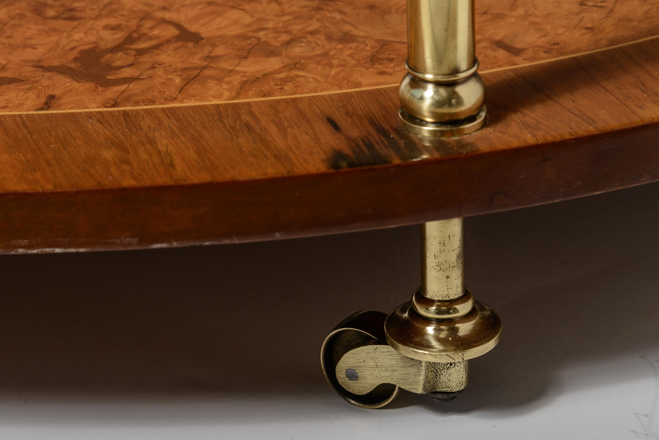 Italian Rare  Three Tier Oval End Table on Casters in Burl Wood & Brass For Sale 7