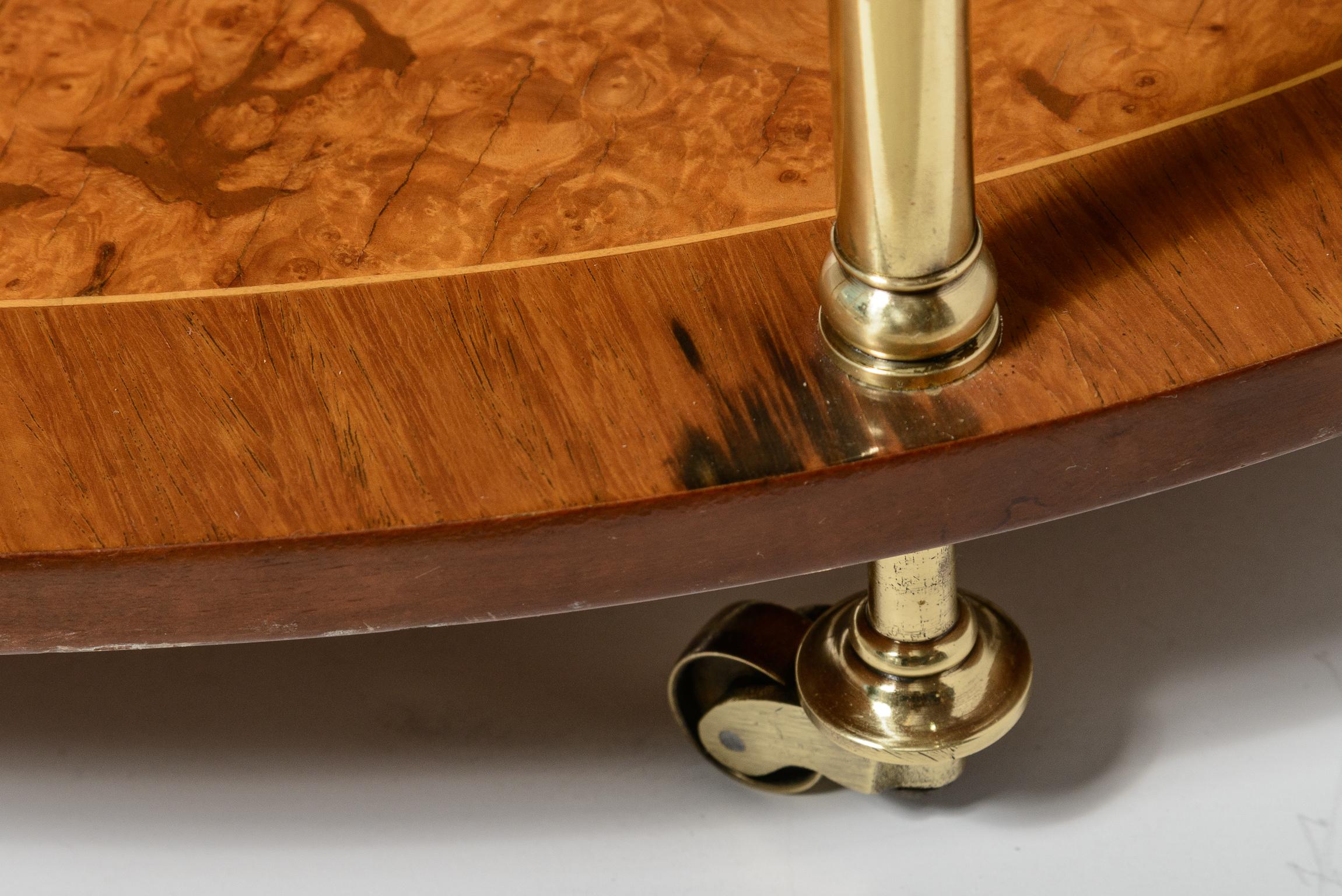 Italian Rare  Three Tier Oval End Table on Casters in Burl Wood & Brass For Sale 8