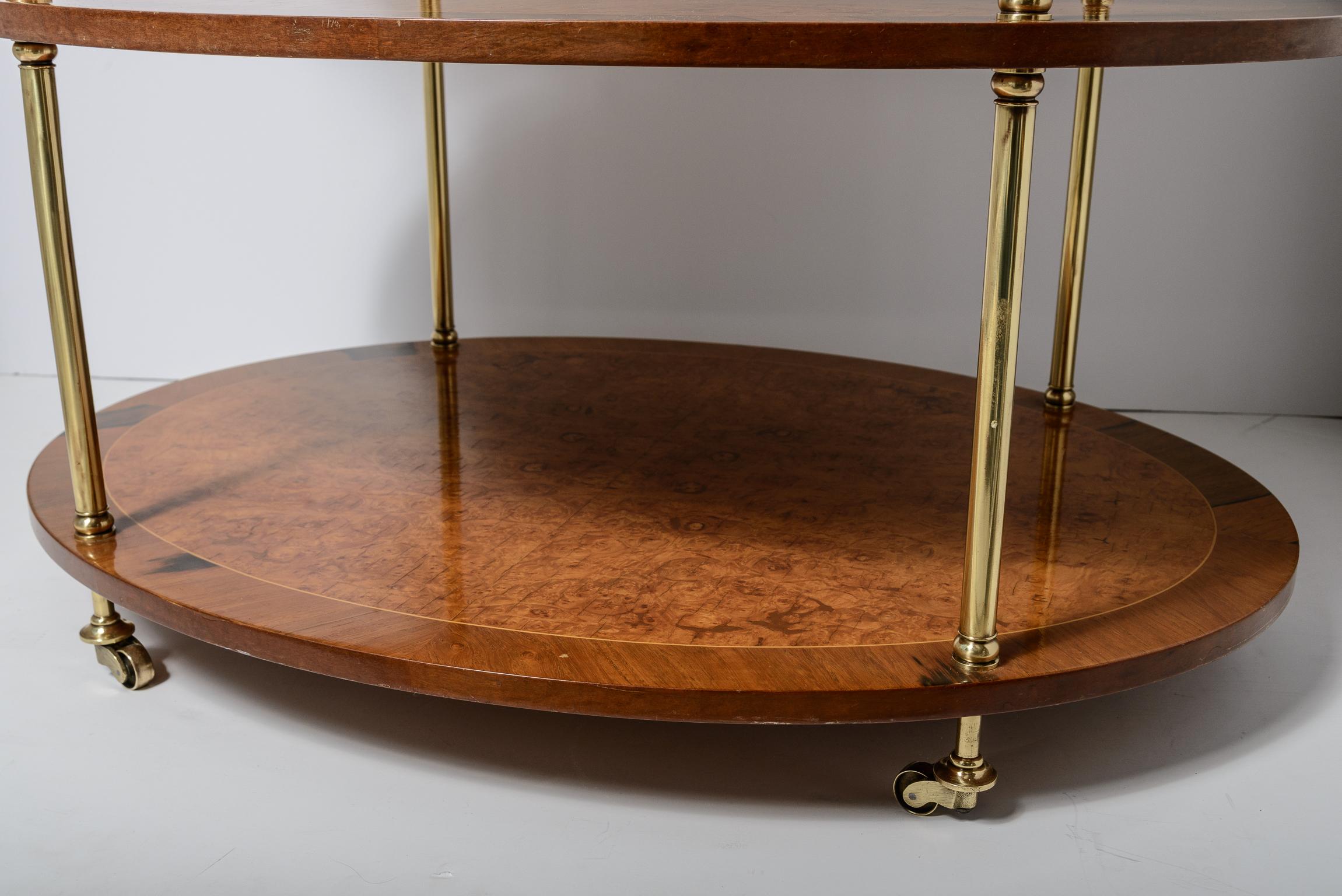 Italian Rare  Three Tier Oval End Table on Casters in Burl Wood & Brass For Sale 9