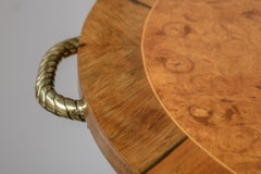 Italian Rare Three Tier Oval End Table on Casters in Burl Wood & Brass