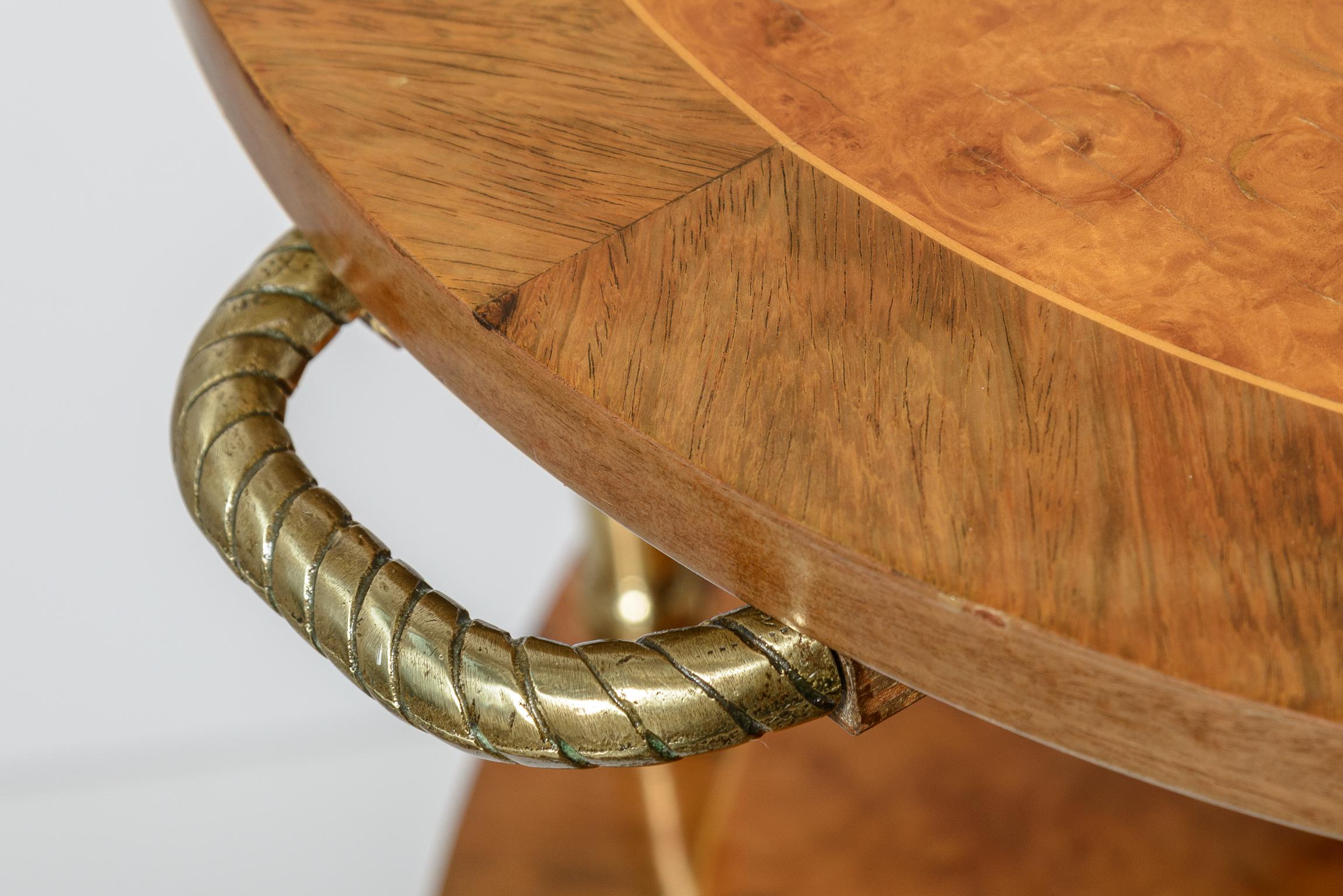 Hand-Crafted Italian Rare  Three Tier Oval End Table on Casters in Burl Wood & Brass For Sale