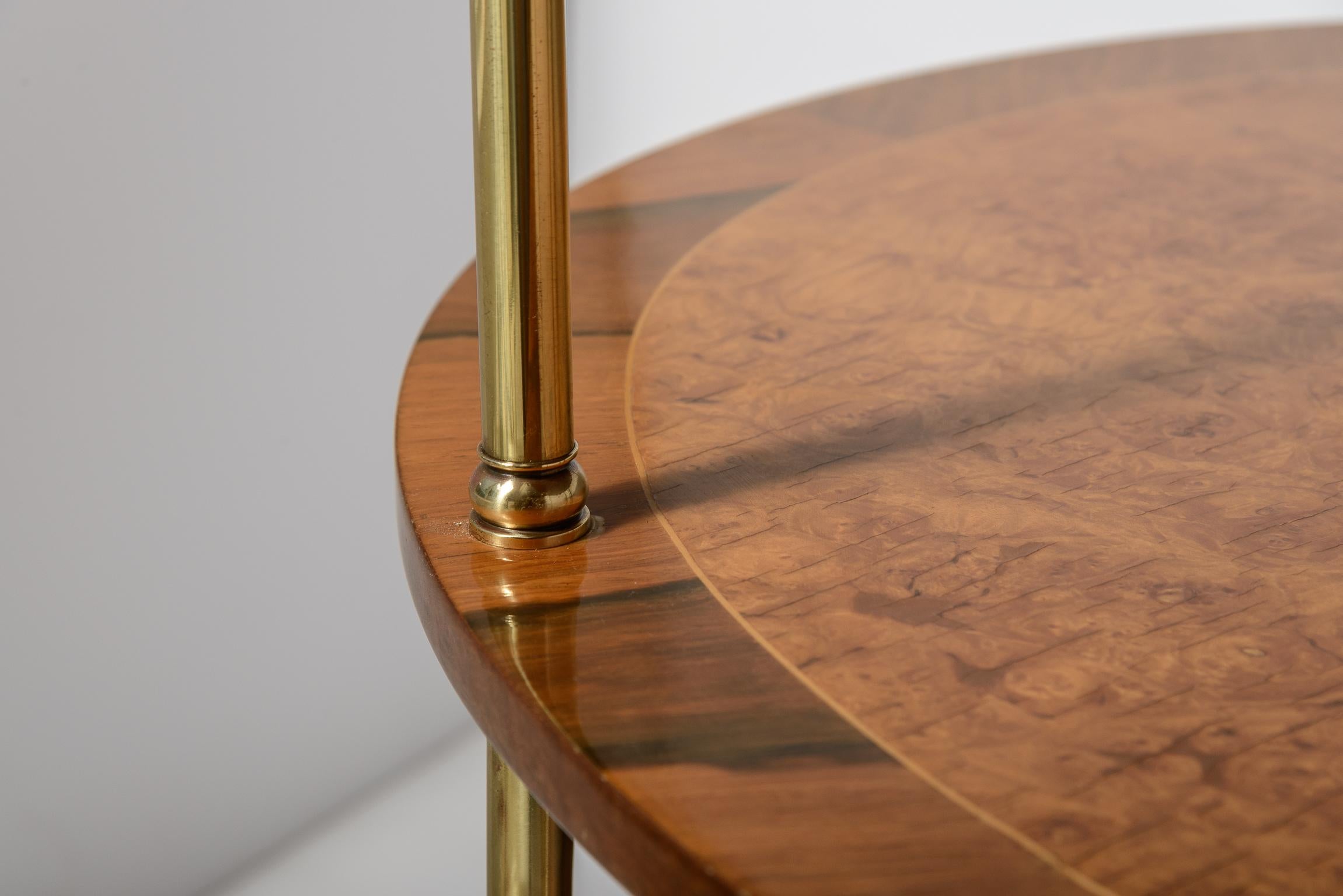 Italian Rare  Three Tier Oval End Table on Casters in Burl Wood & Brass For Sale 1
