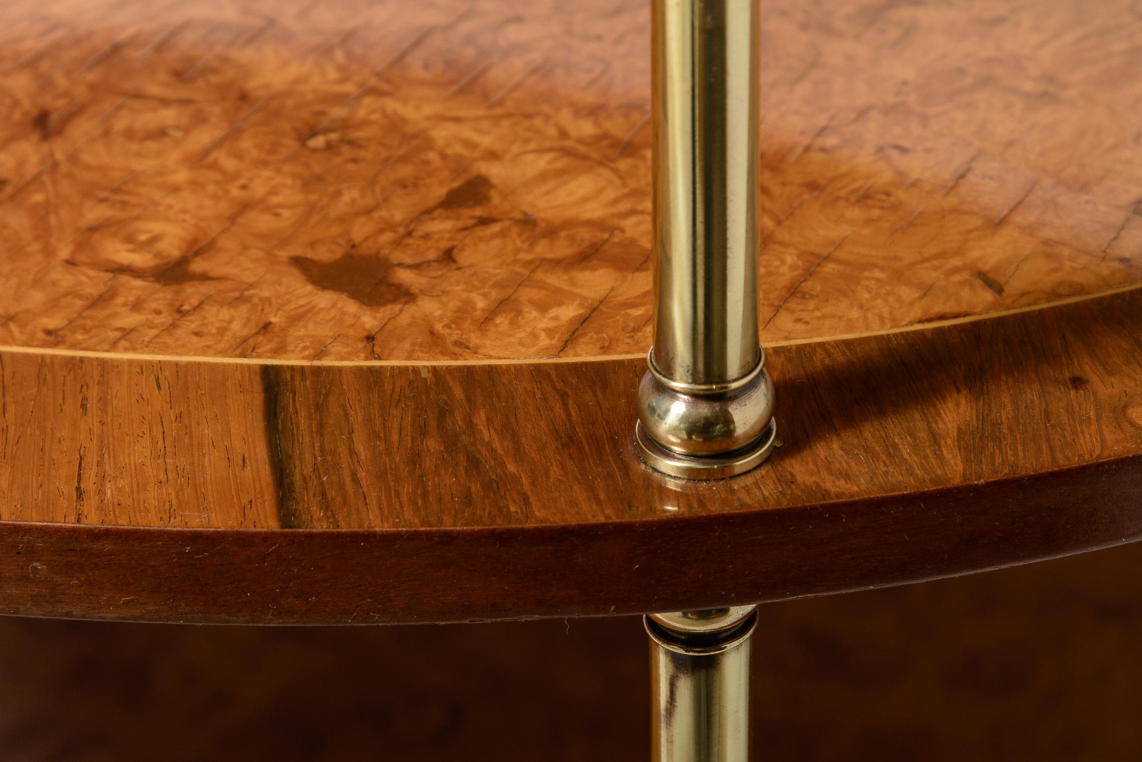 Italian Rare  Three Tier Oval End Table on Casters in Burl Wood & Brass For Sale 2