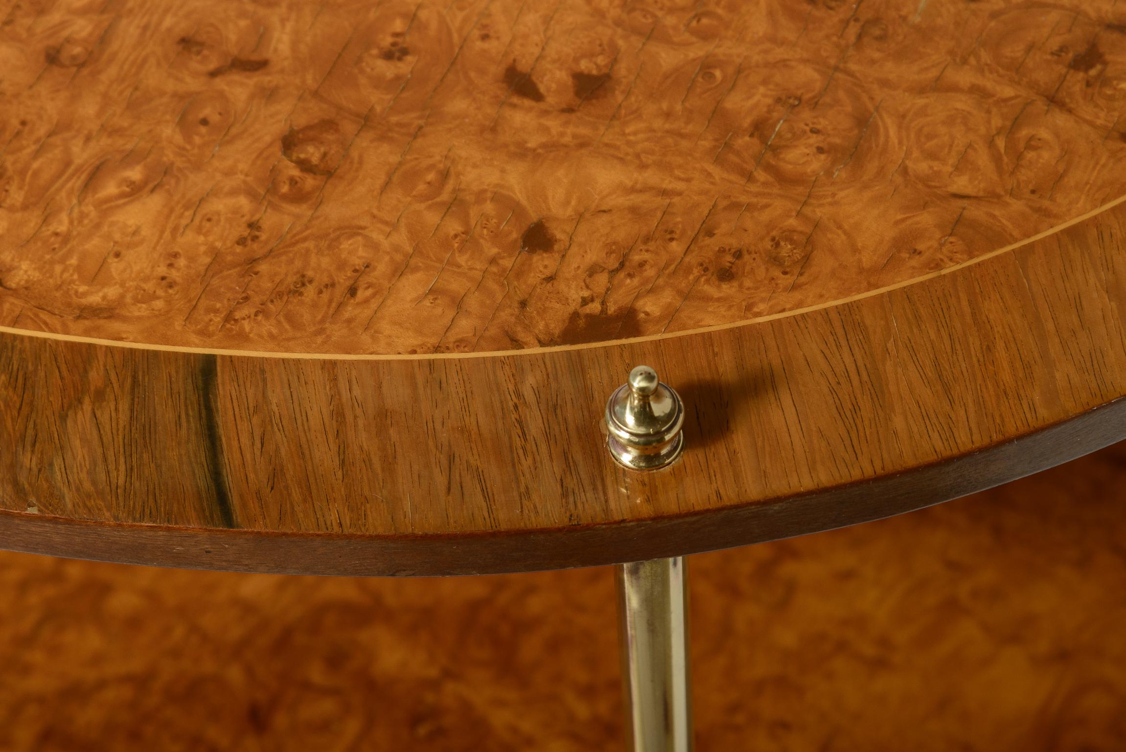 Italian Rare  Three Tier Oval End Table on Casters in Burl Wood & Brass For Sale 3