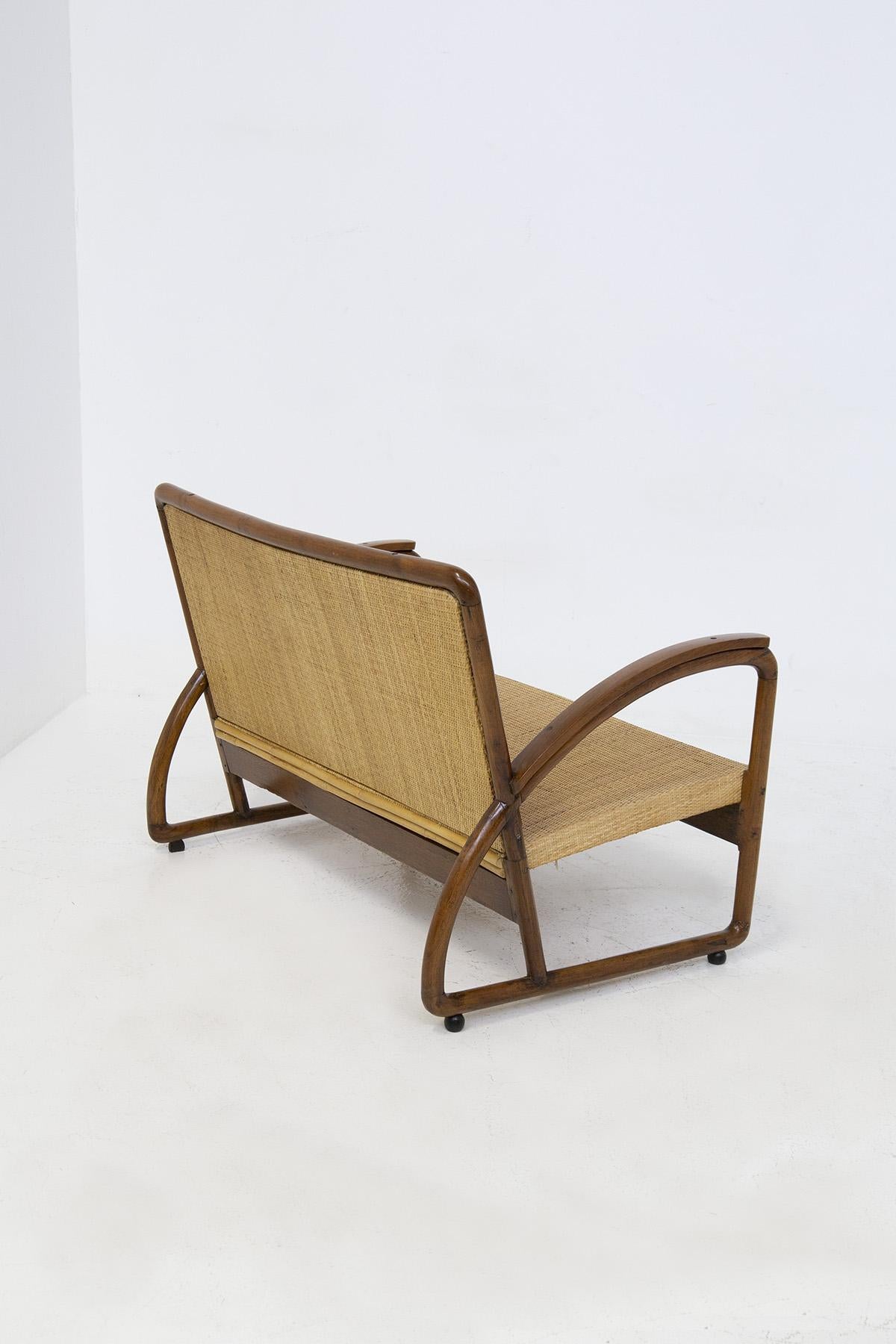Italian Rationalist Loveseat in Wood and Rattan For Sale 8