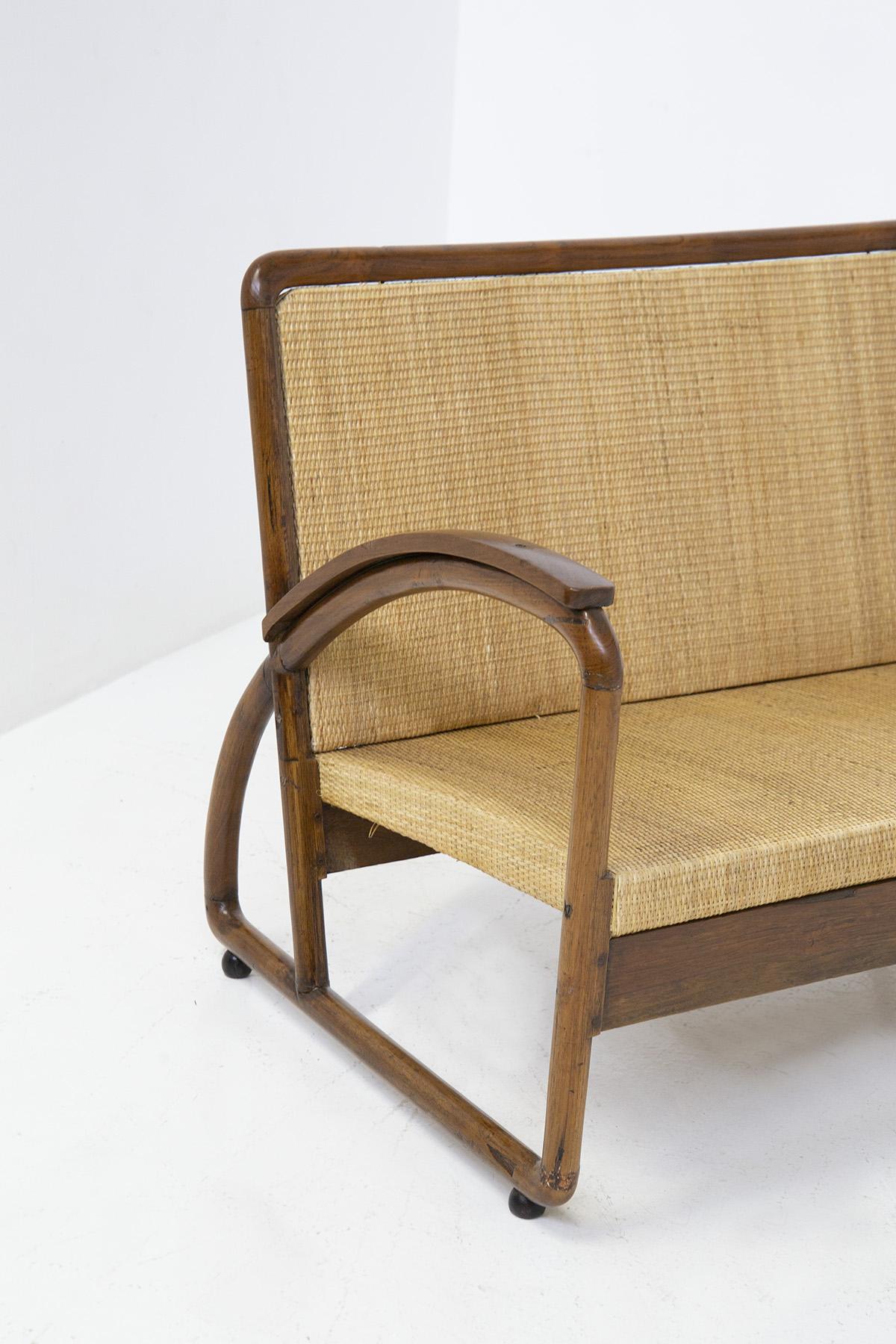 Art Deco Italian Rationalist Loveseat in Wood and Rattan For Sale