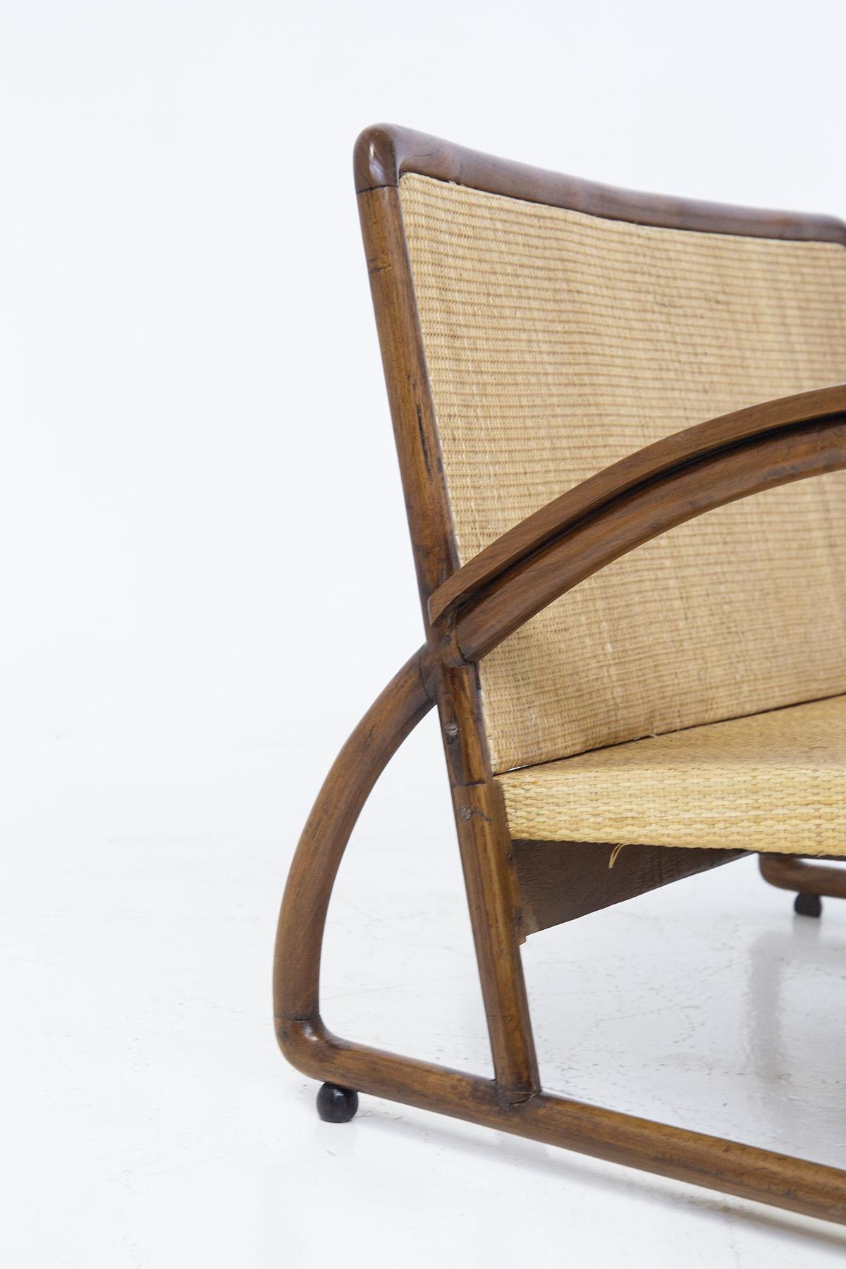 Italian Rationalist Loveseat in Wood and Rattan For Sale 1