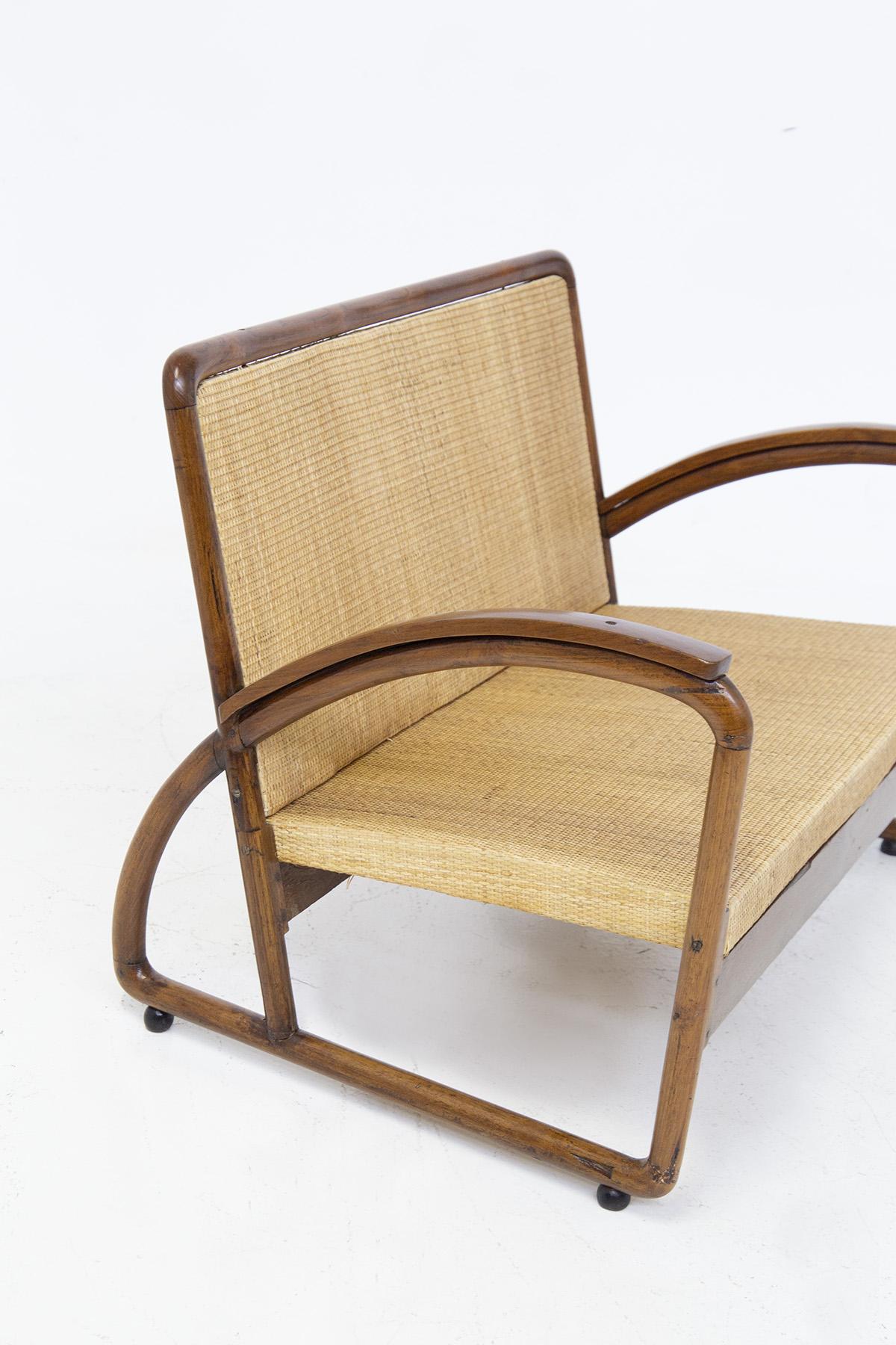 Italian Rationalist Loveseat in Wood and Rattan For Sale 2