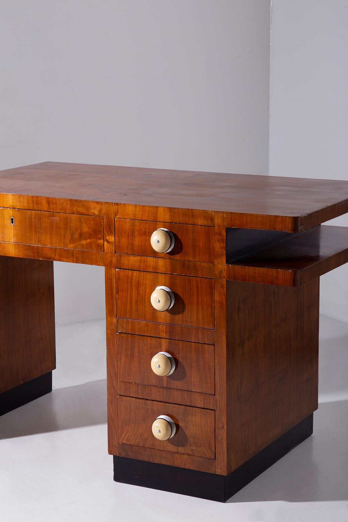 Art Deco Italian rationalist wood and aluminium metal desk For Sale
