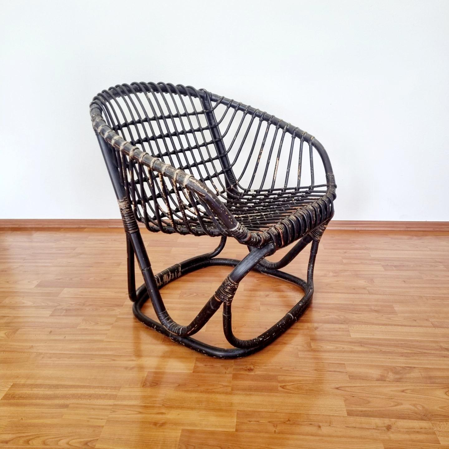 Italian Rattan and Bamboo Armchair by Tito Agnoli for Bonacina. Italy 60s en venta 4