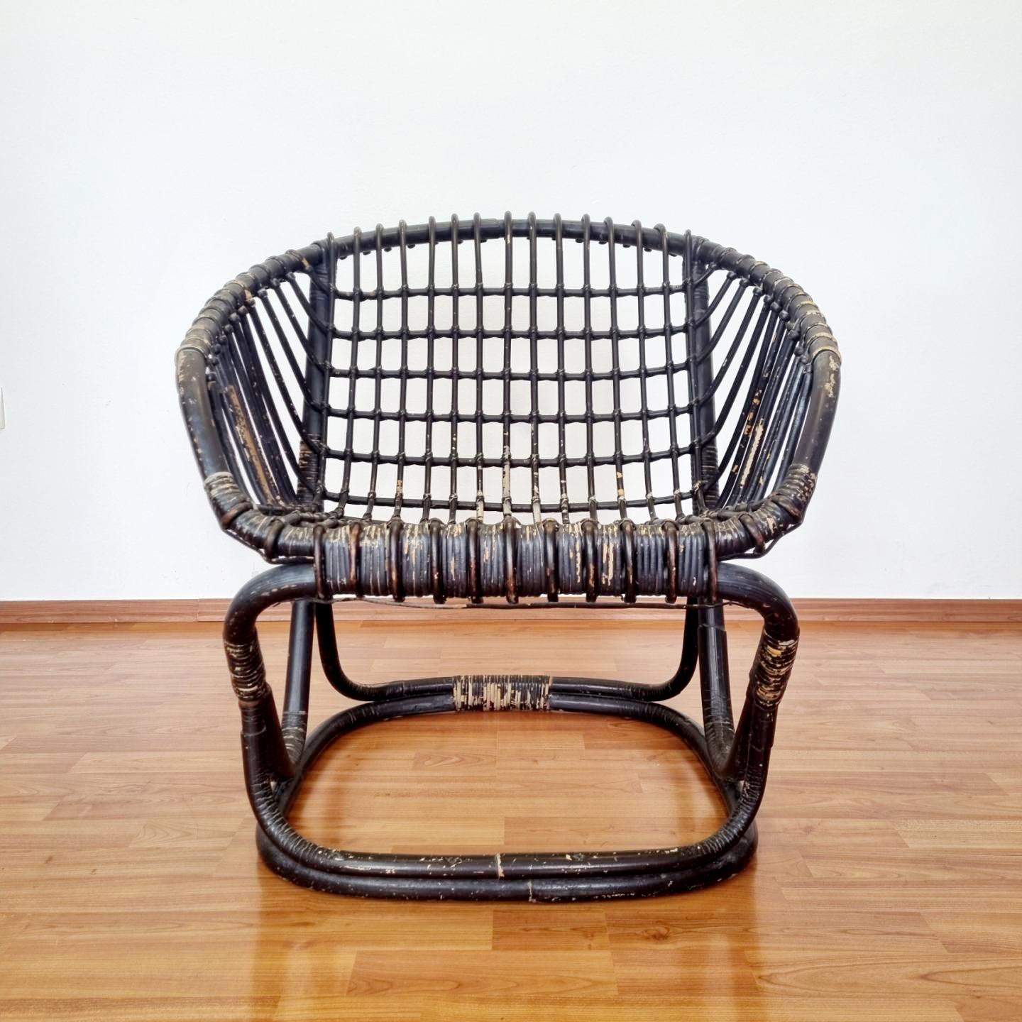 Italian Rattan and Bamboo Armchair by Tito Agnoli for Bonacina. Italy 60s Moderno de mediados de siglo en venta