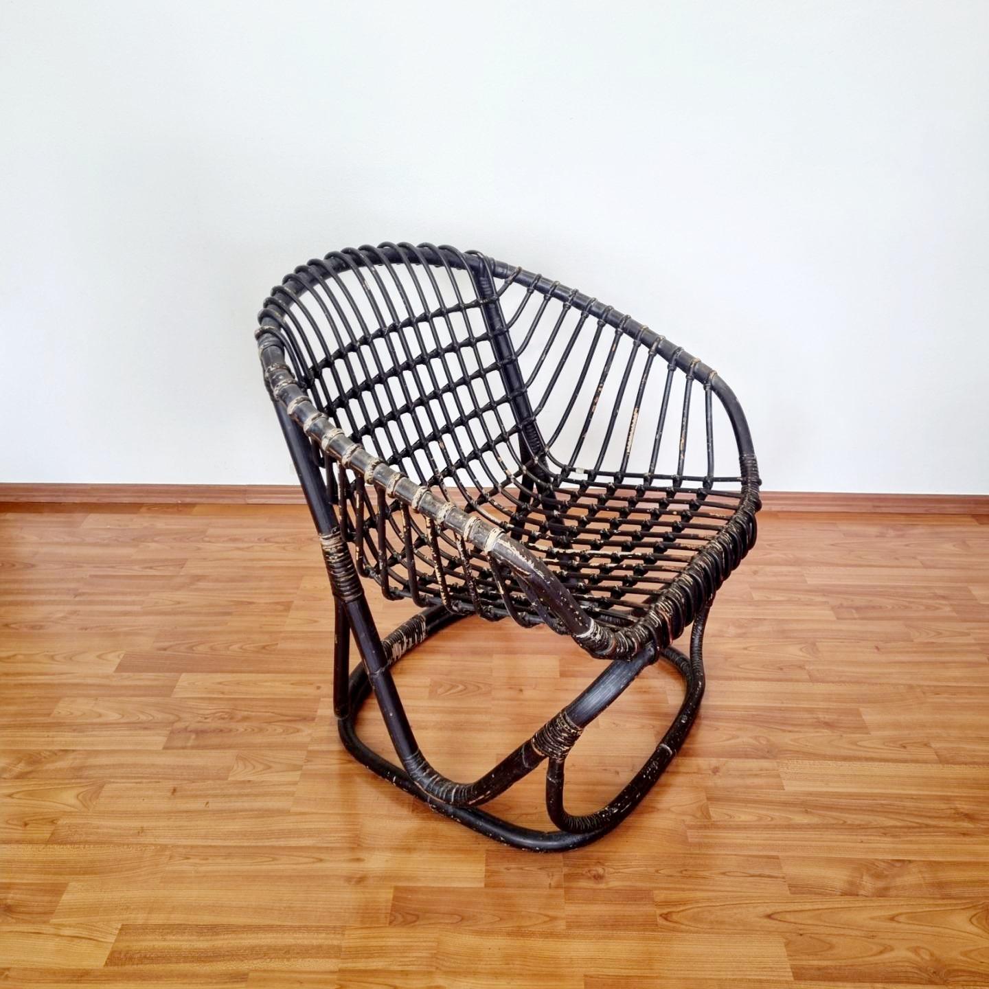 Italian Rattan and Bamboo Armchair by Tito Agnoli for Bonacina. Italy 60s Italiano en venta