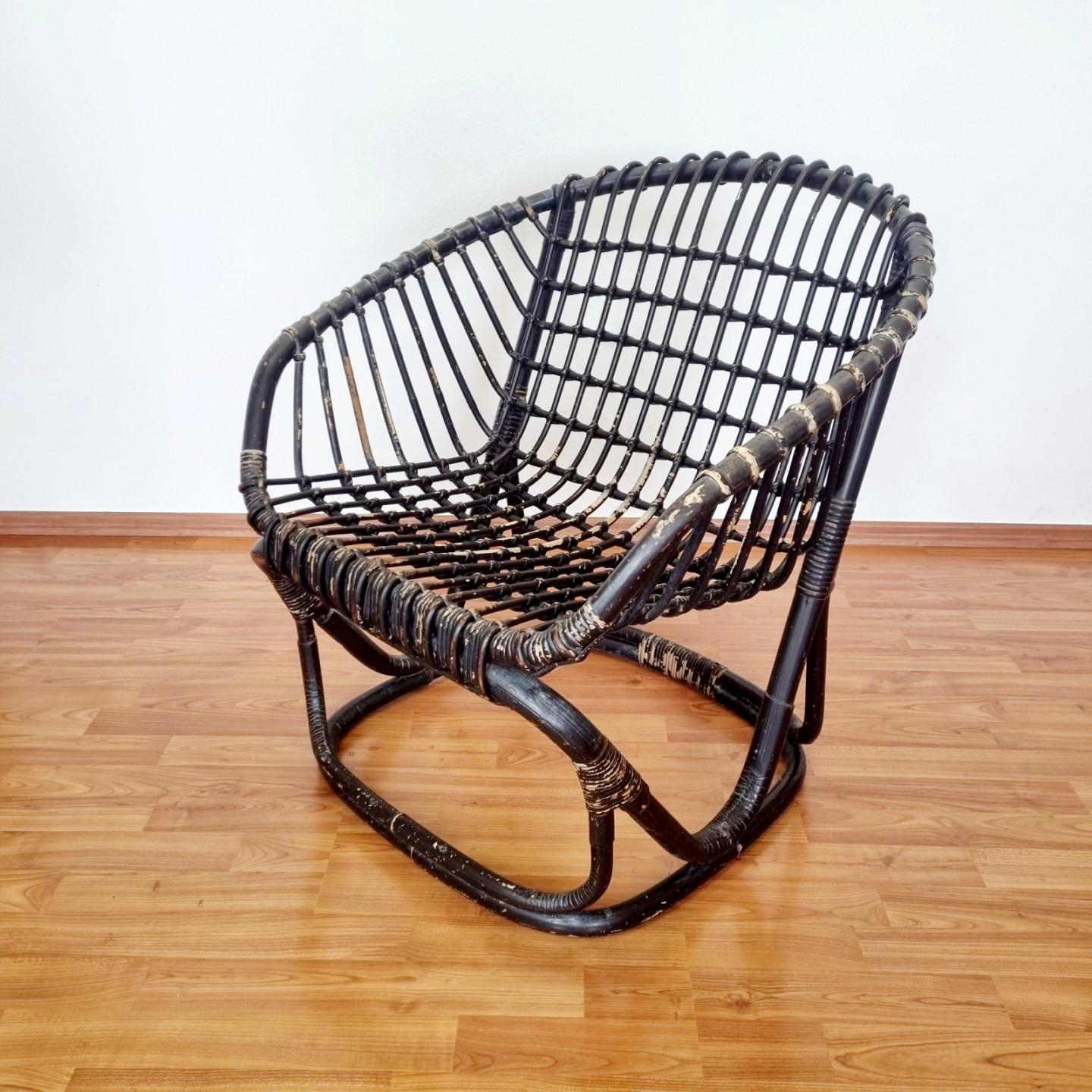 Italian Rattan and Bamboo Armchair by Tito Agnoli for Bonacina. Italy 60s en Bueno estado para la venta en Lucija, SI