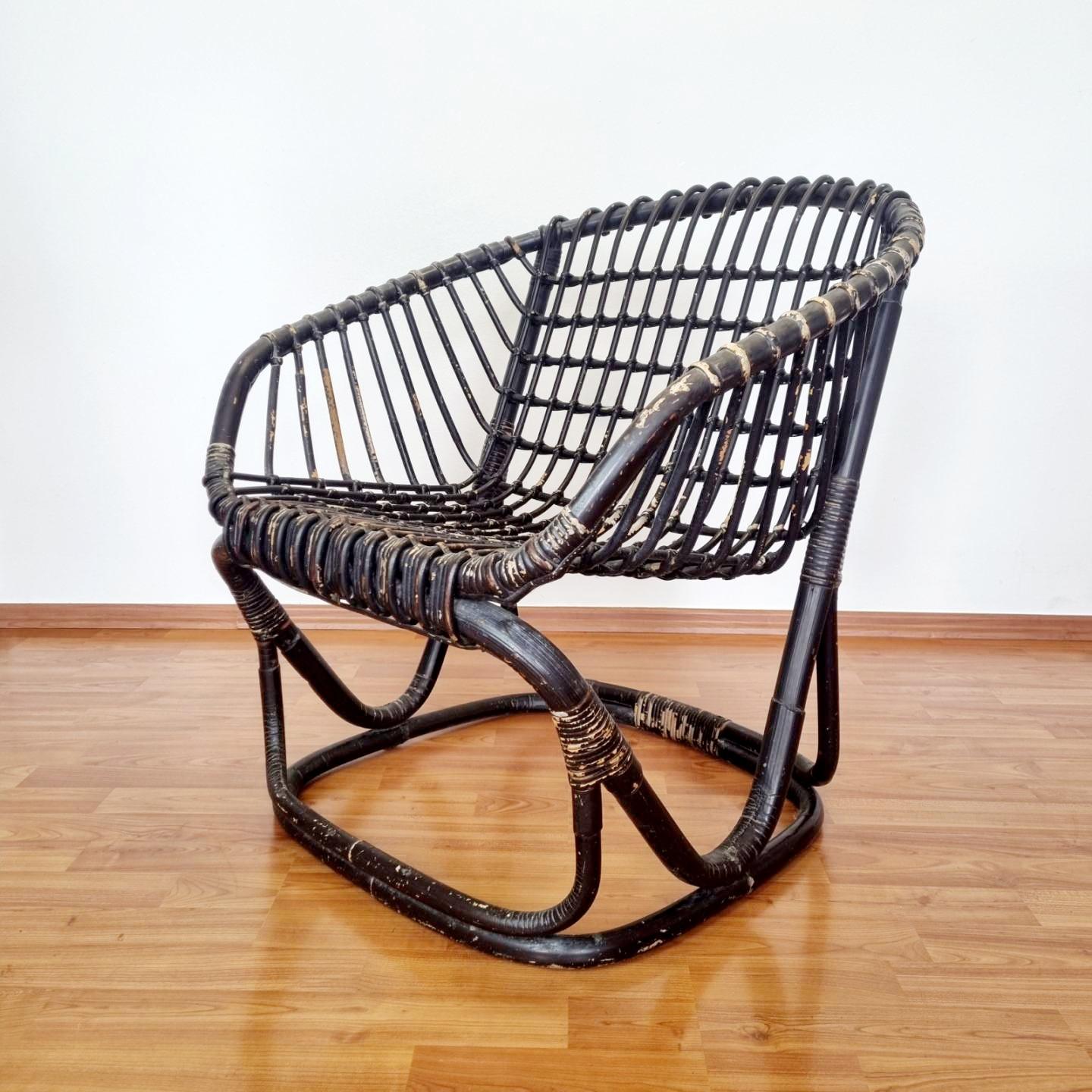 Italian Rattan and Bamboo Armchair by Tito Agnoli for Bonacina. Italy 60s mediados del siglo XX en venta