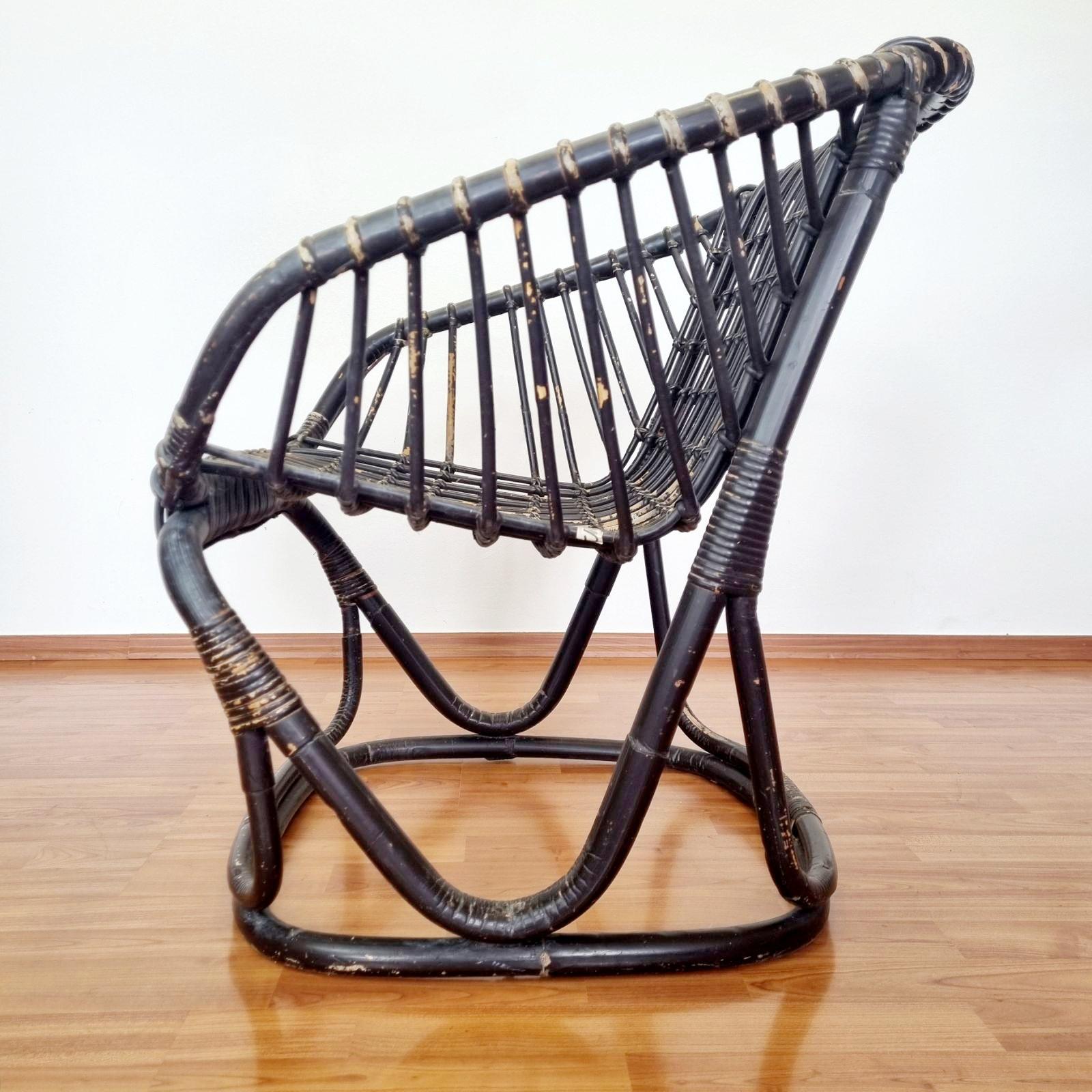 Italian Rattan and Bamboo Armchair by Tito Agnoli for Bonacina. Italy 60s Bambú en venta