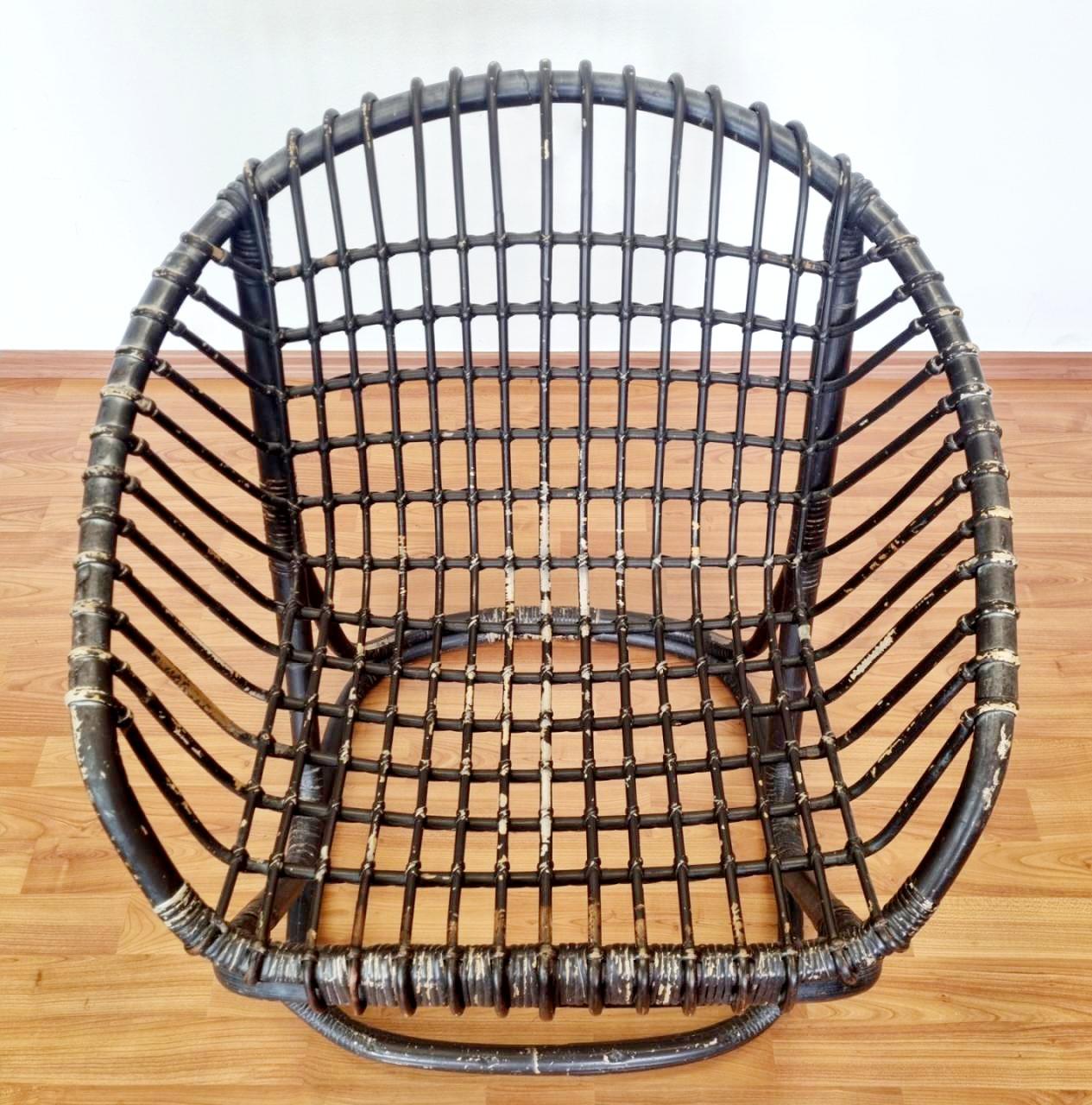 Italian Rattan and Bamboo Armchair by Tito Agnoli for Bonacina. Italy 60s en venta 1