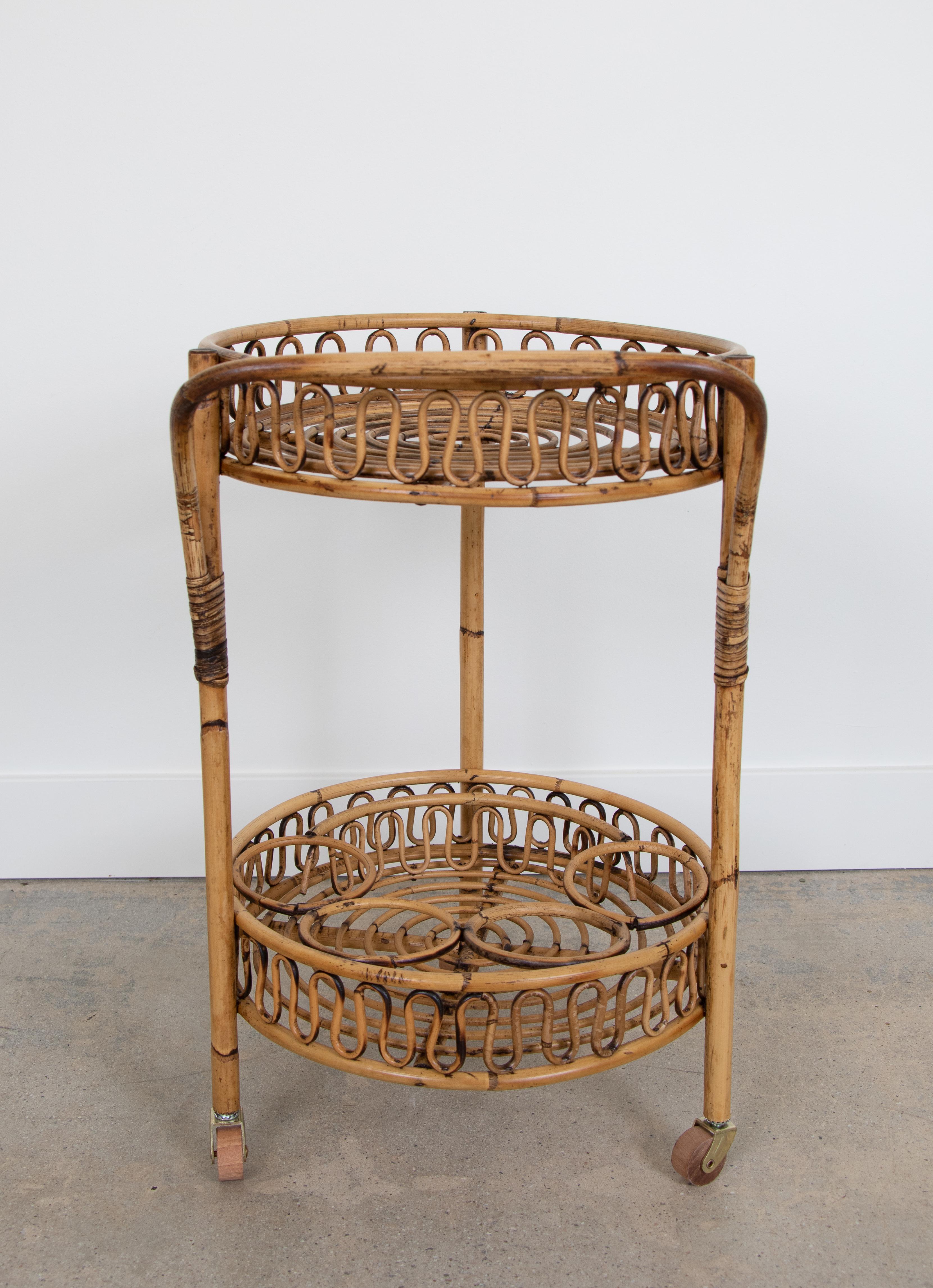 20th Century Italian Rattan and Bamboo Bar Cart